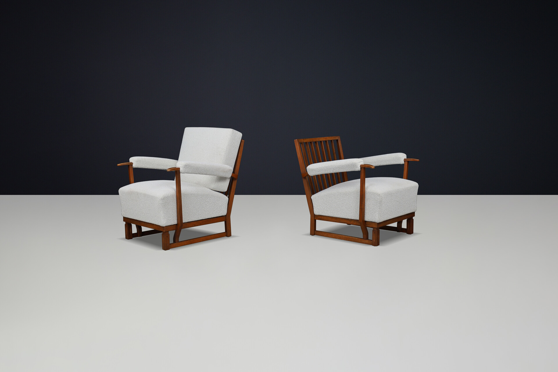 Art Deco Lounge Chairs in Oak & Reupholstered Bouclé Fabric – France, 1940s Mid-20th century