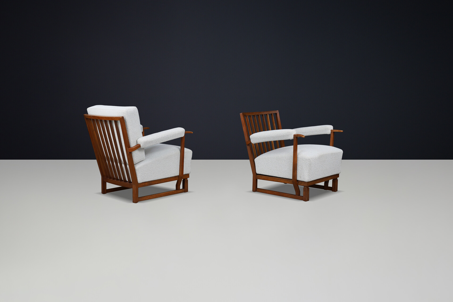 Art Deco Lounge Chairs in Oak & Reupholstered Bouclé Fabric – France, 1940s Mid-20th century