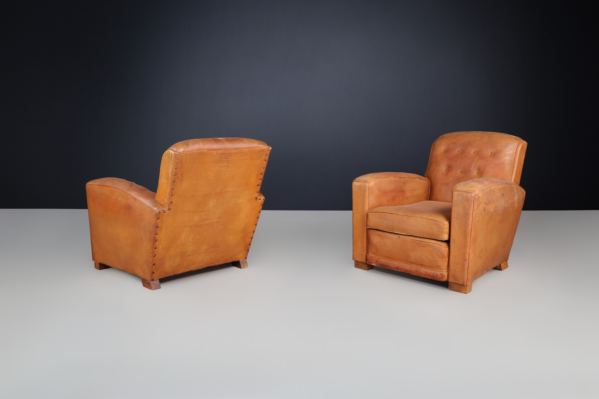 Art deco Patinated leather Lounge Chairs, France 1940 Mid-20th century