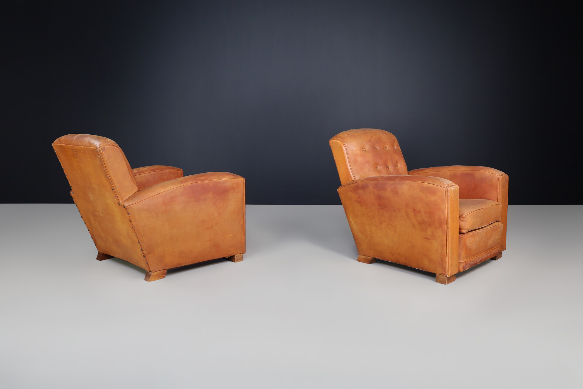 Art deco Patinated leather Lounge Chairs, France 1940 Mid-20th century