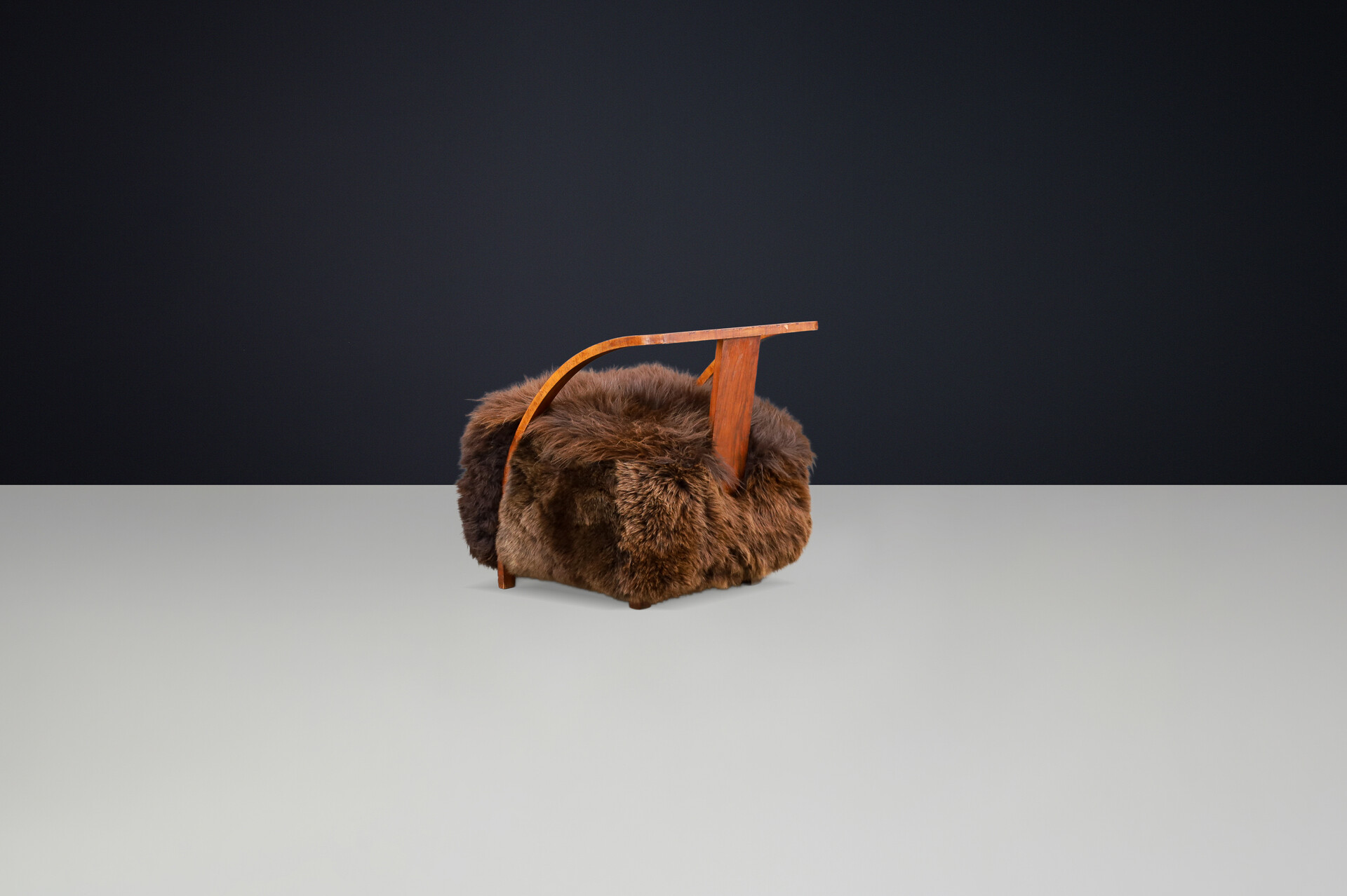 Art Deco Patinated Walnut Lounge Chair, 1920s with 100% Natural Sheepskin Early-20th century