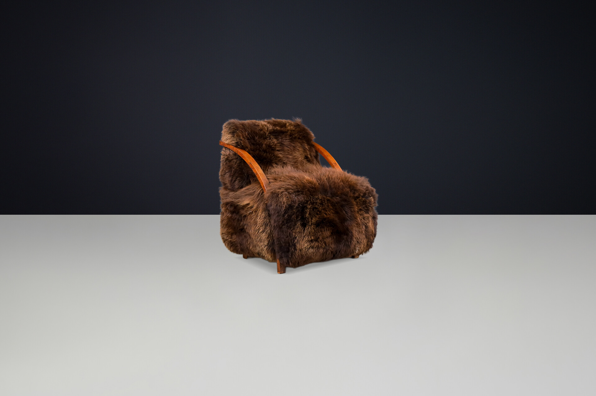 Art Deco Patinated Walnut Lounge Chair, 1920s with 100% Natural Sheepskin Early-20th century