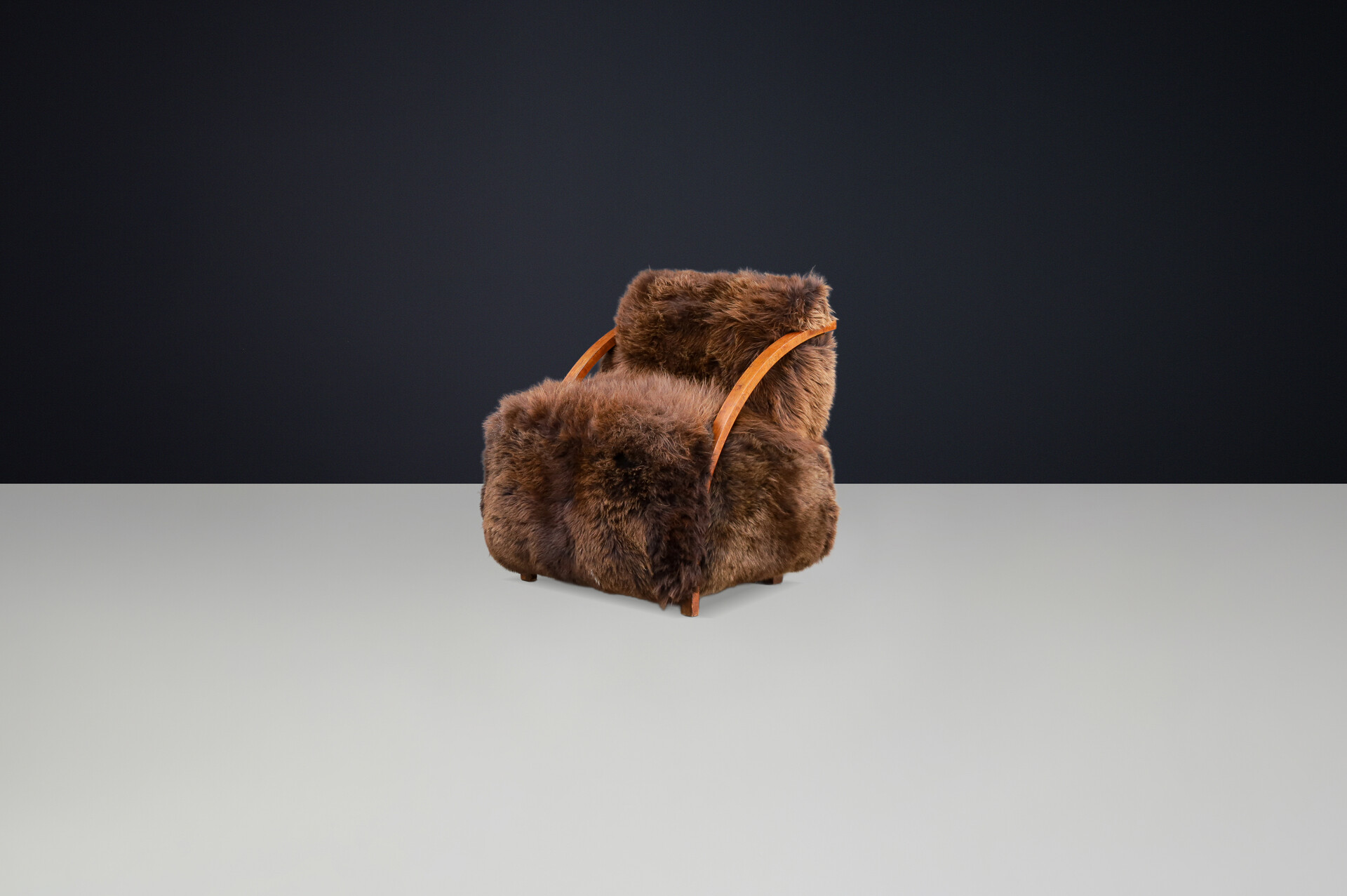 Art Deco Patinated Walnut Lounge Chair, 1920s with 100% Natural Sheepskin Early-20th century