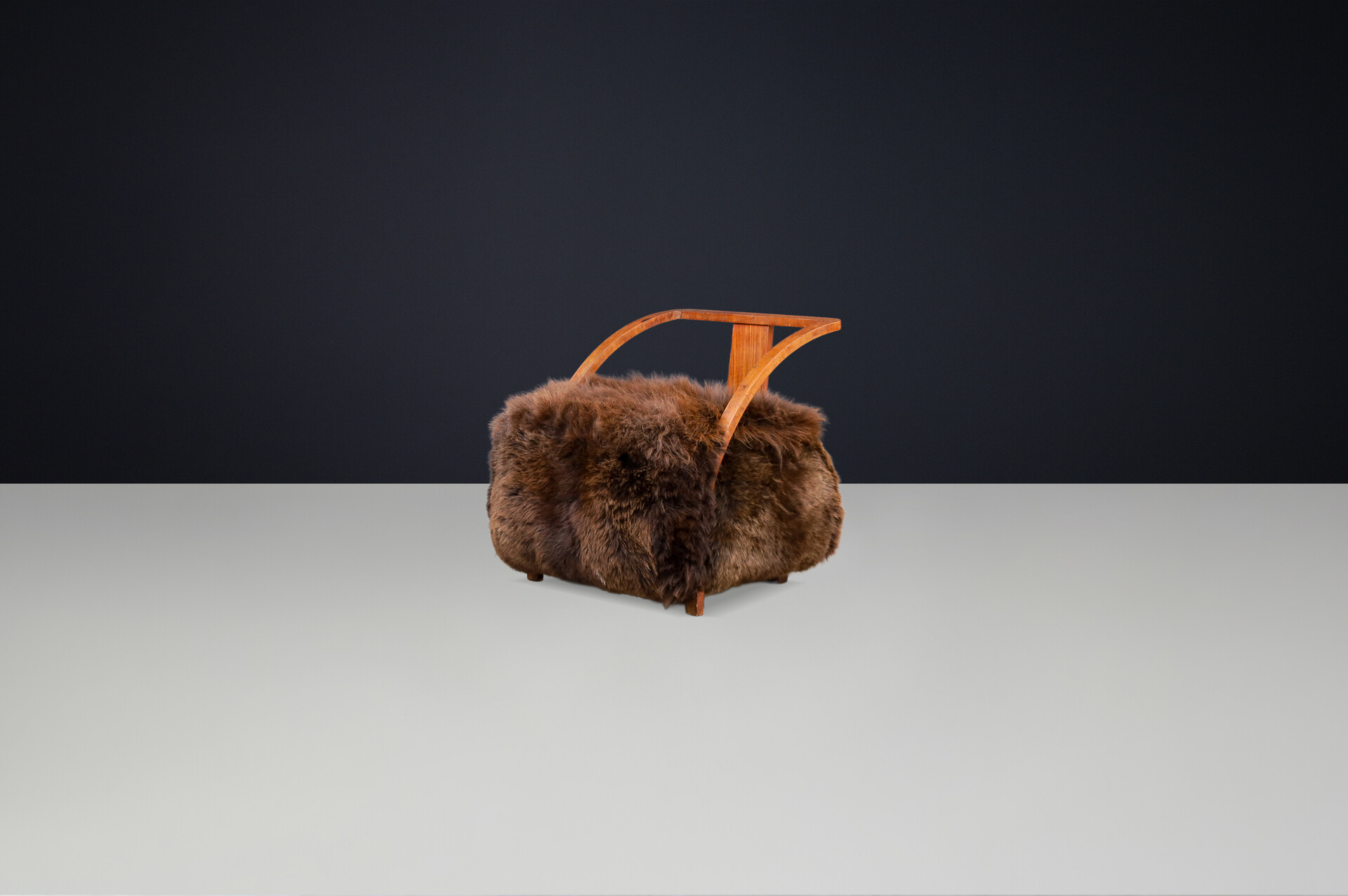 Art Deco Patinated Walnut Lounge Chair, 1920s with 100% Natural Sheepskin Early-20th century