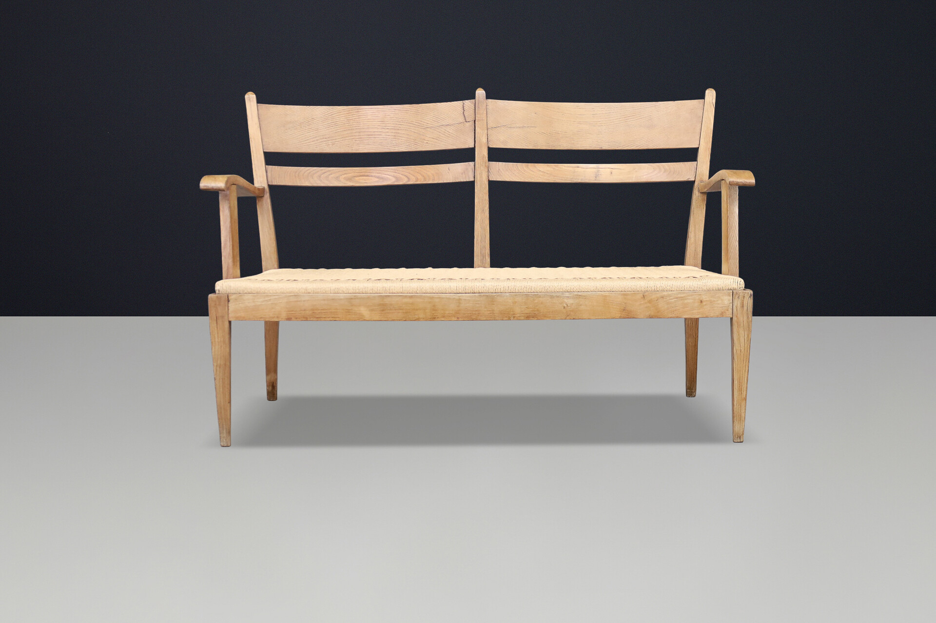 Art Deco Sculptural French Oak Bench with Rope Seat, France, 1930s Early-20th century