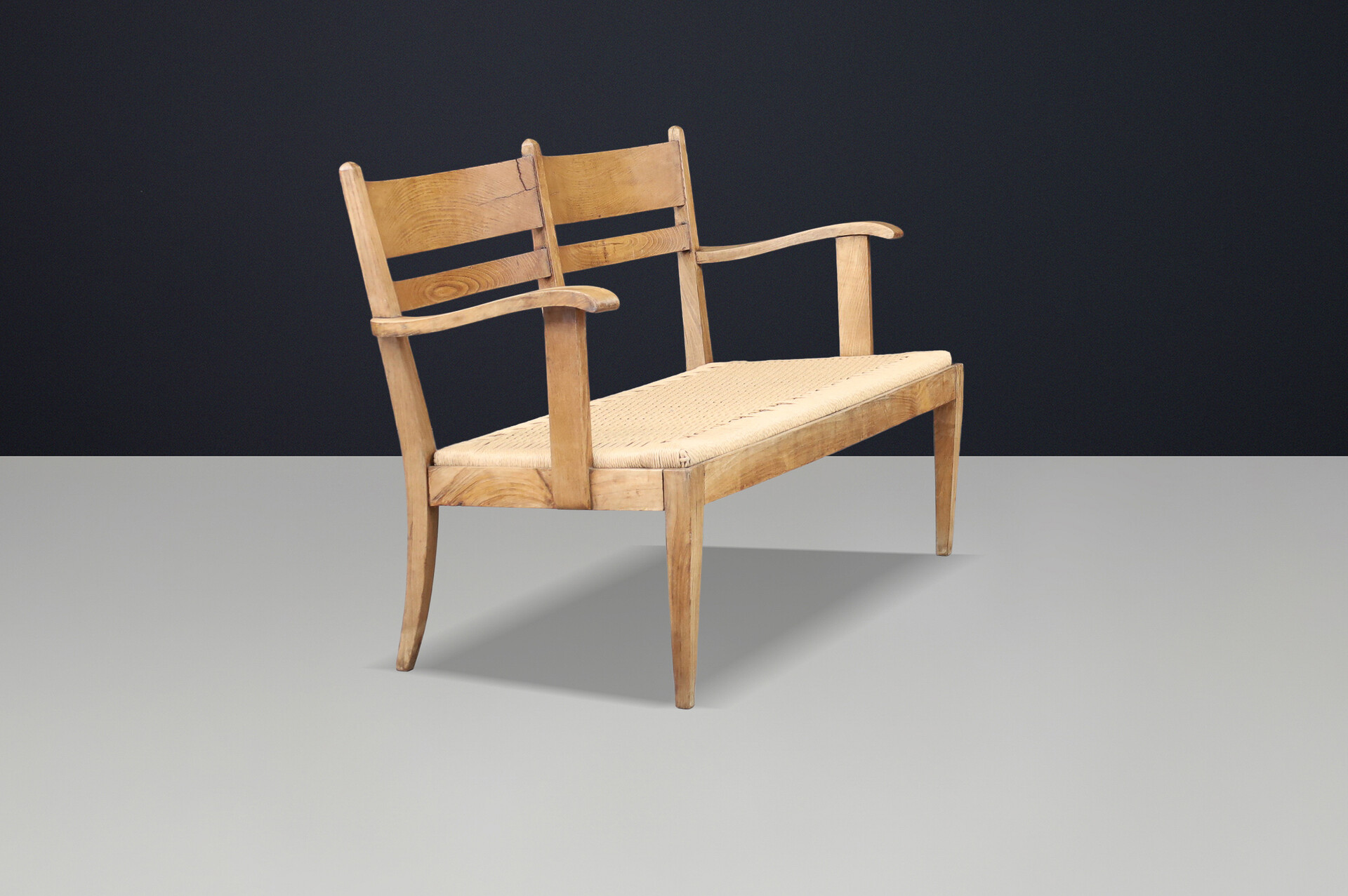 Art Deco Sculptural French Oak Bench with Rope Seat, France, 1930s Early-20th century