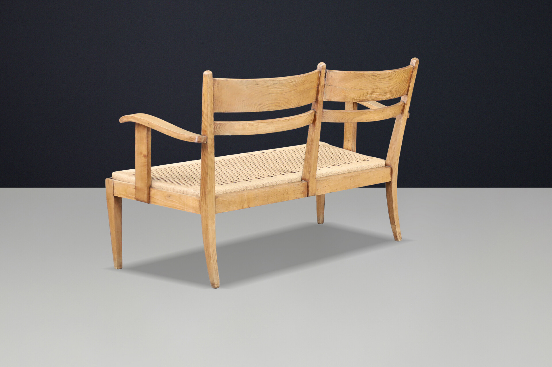 Art Deco Sculptural French Oak Bench with Rope Seat, France, 1930s Early-20th century