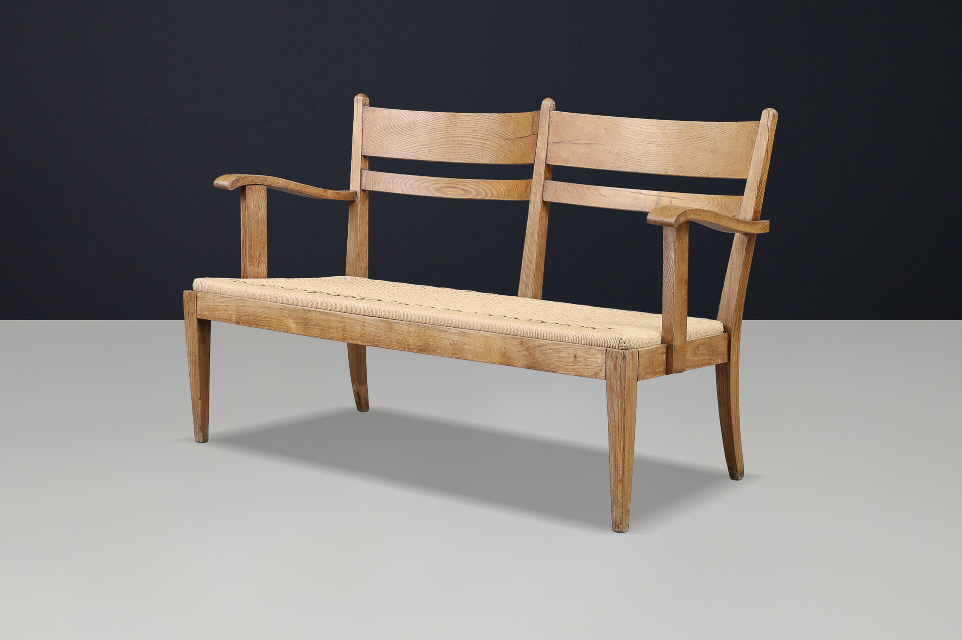 Art Deco Sculptural French Oak Bench with Rope Seat, France, 1930s Early-20th century