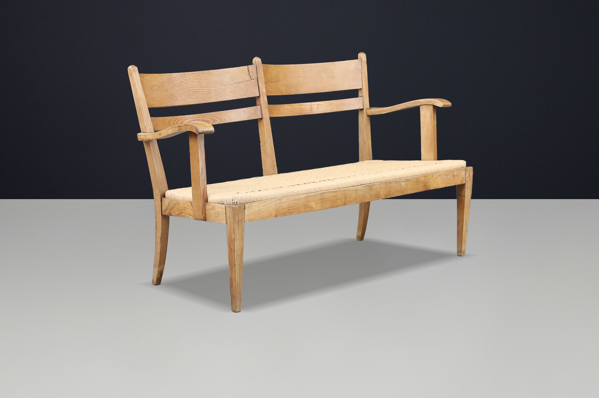 Art Deco Sculptural French Oak Bench with Rope Seat, France, 1930s Early-20th century