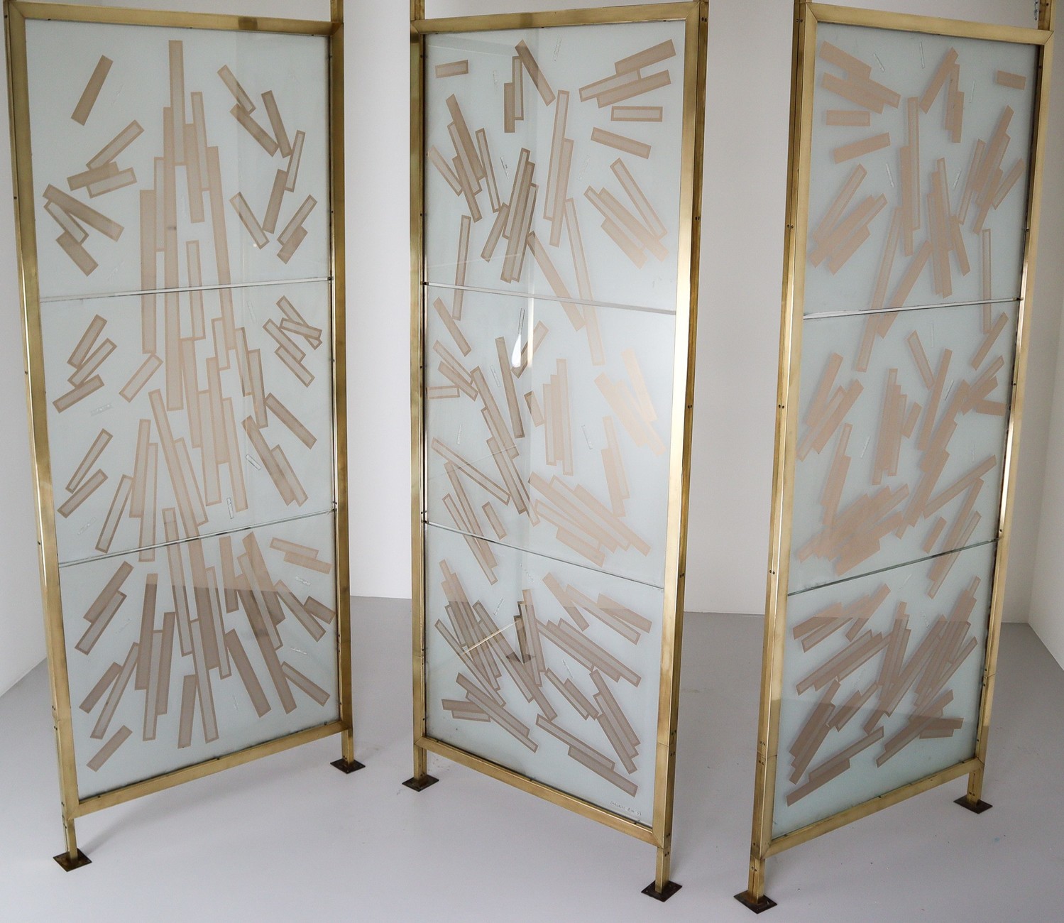  Art glass,Brass Brass Room Screen/Room Divider In Bohemian Etched Art Glass, Praque Mid-20th century