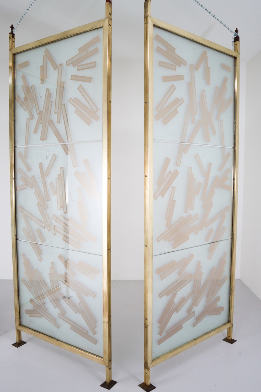  Art glass,Brass Brass Room Screen/Room Divider In Bohemian Etched Art Glass, Praque Mid-20th century