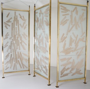  Art glass,Brass Brass Room Screen/Room Divider In Bohemian Etched Art Glass, Praque Mid-20th century