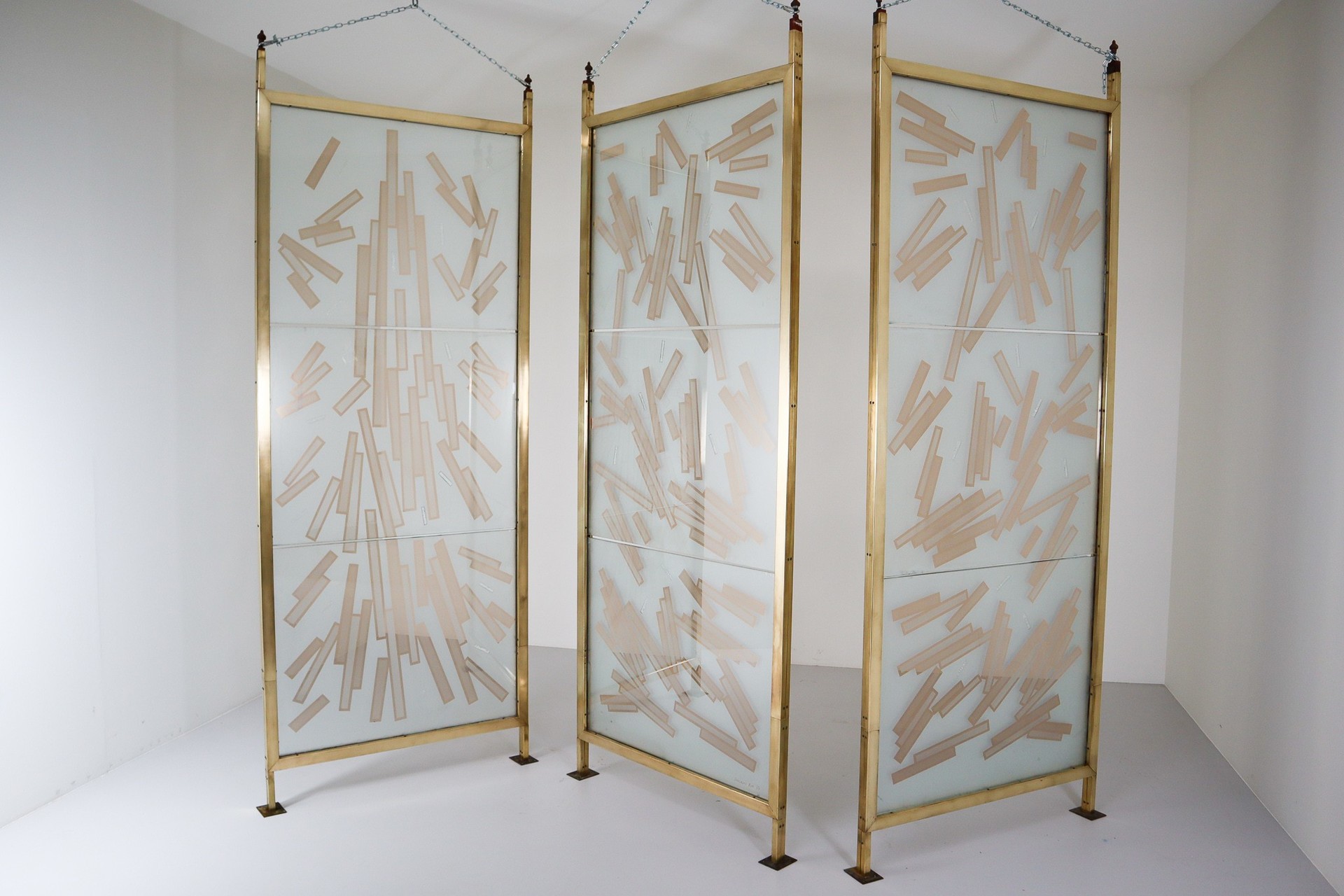  Art glass,Brass Brass Room Screen/Room Divider In Bohemian Etched Art Glass, Praque Mid-20th century