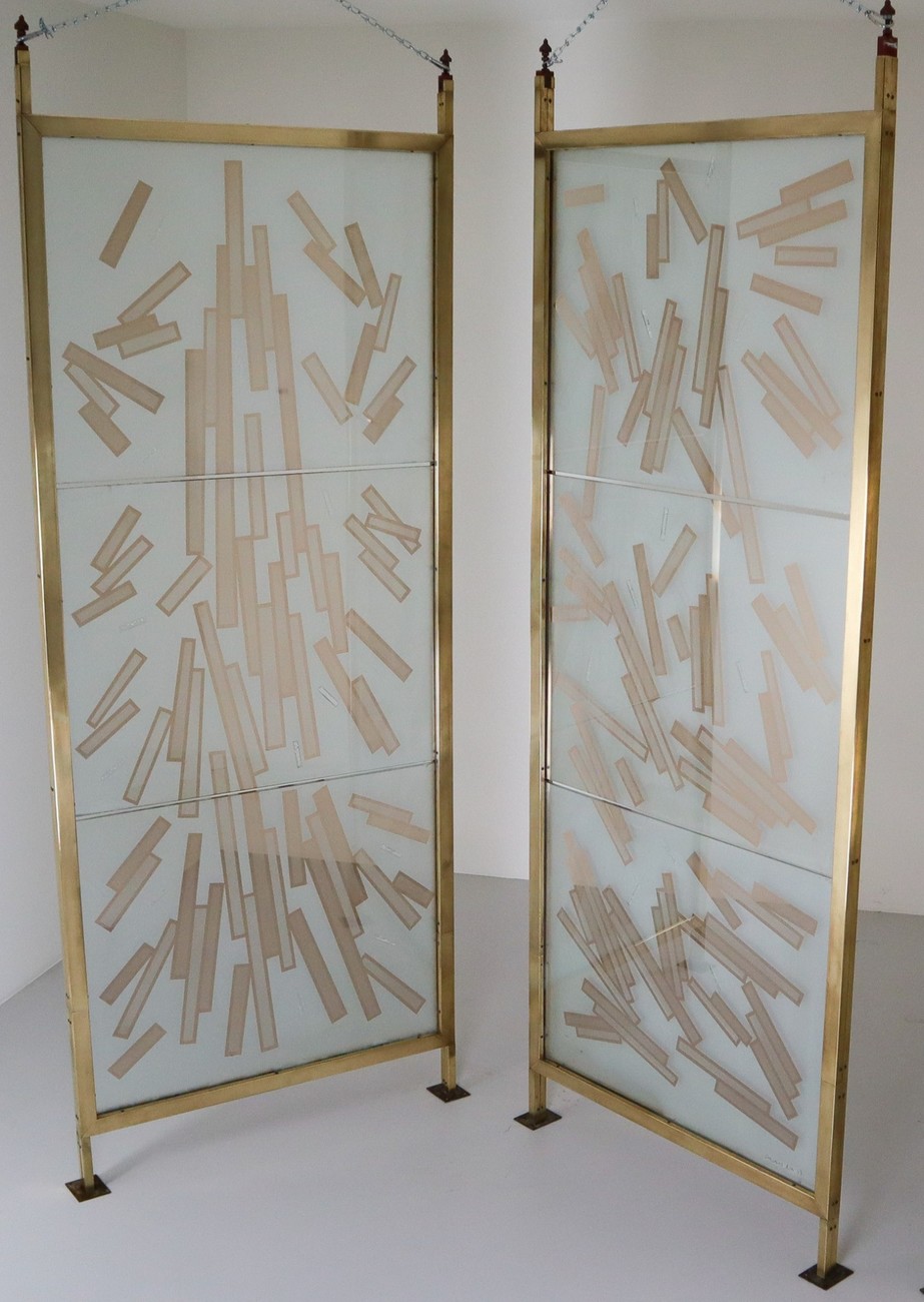  Art glass,Brass Brass Room Screen/Room Divider In Bohemian Etched Art Glass, Praque Mid-20th century