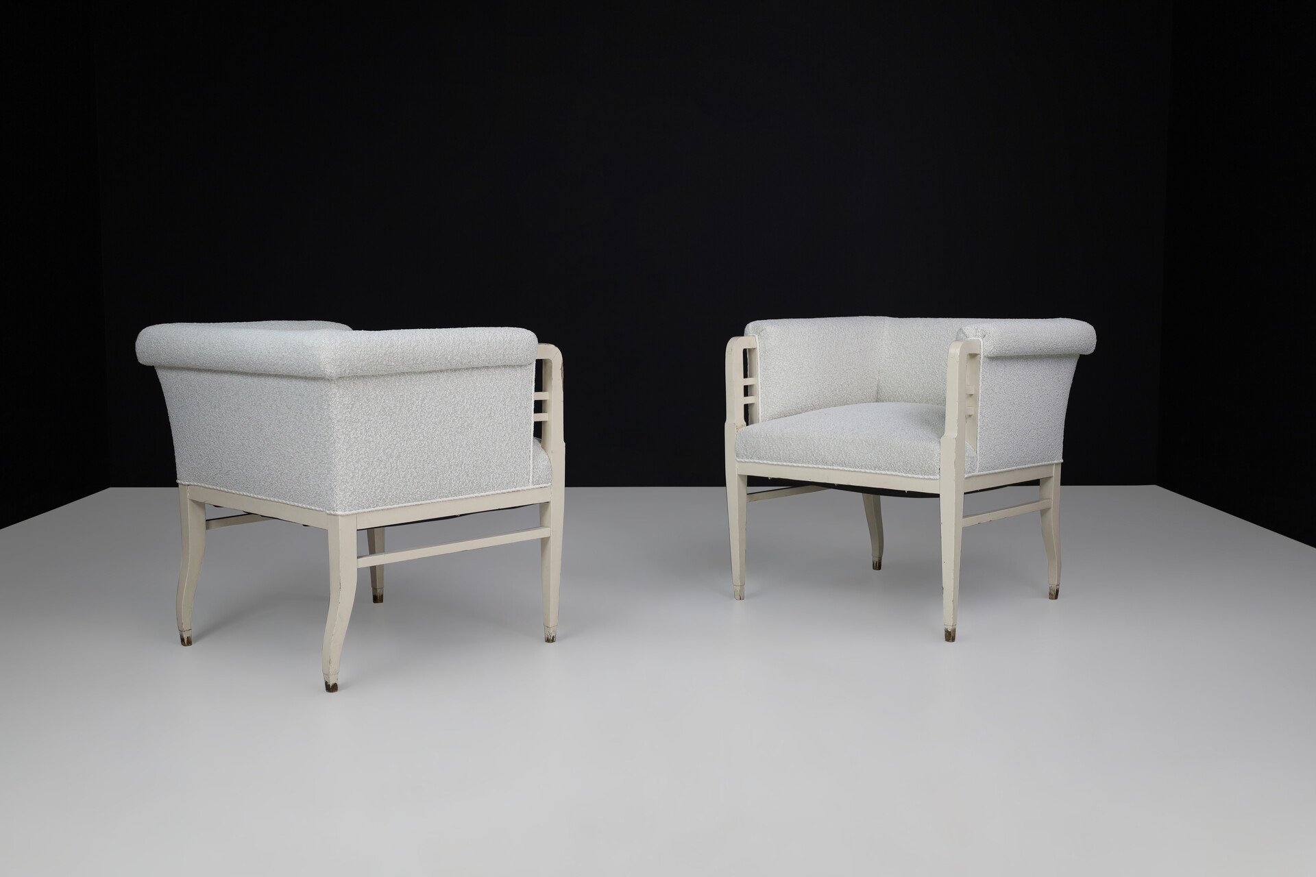 Art-nouveau Lounge chairs in original Painted beechwood and new upholstery bouclé wood fabric, Praque 1910s Early-20th century