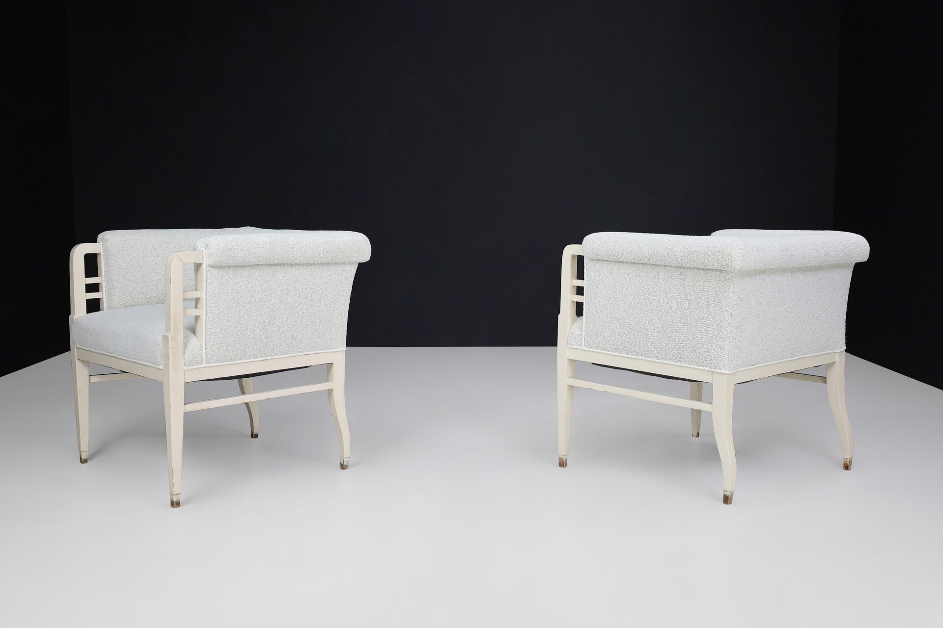 Art-nouveau Lounge chairs in original Painted beechwood and new upholstery bouclé wood fabric, Praque 1910s Early-20th century