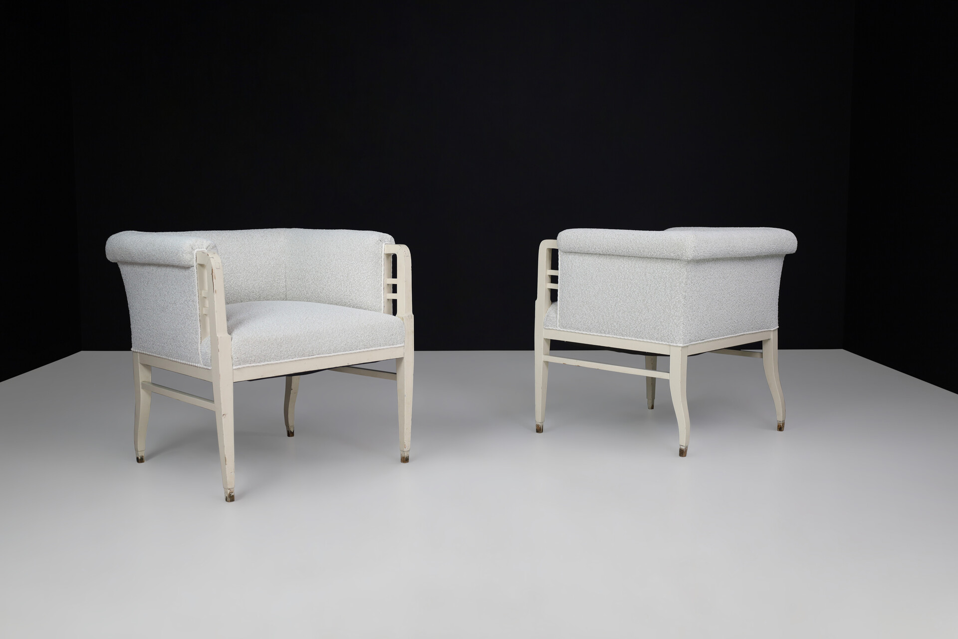 Art-nouveau Lounge chairs in original Painted beechwood and new upholstery bouclé wood fabric, Praque 1910s Early-20th century