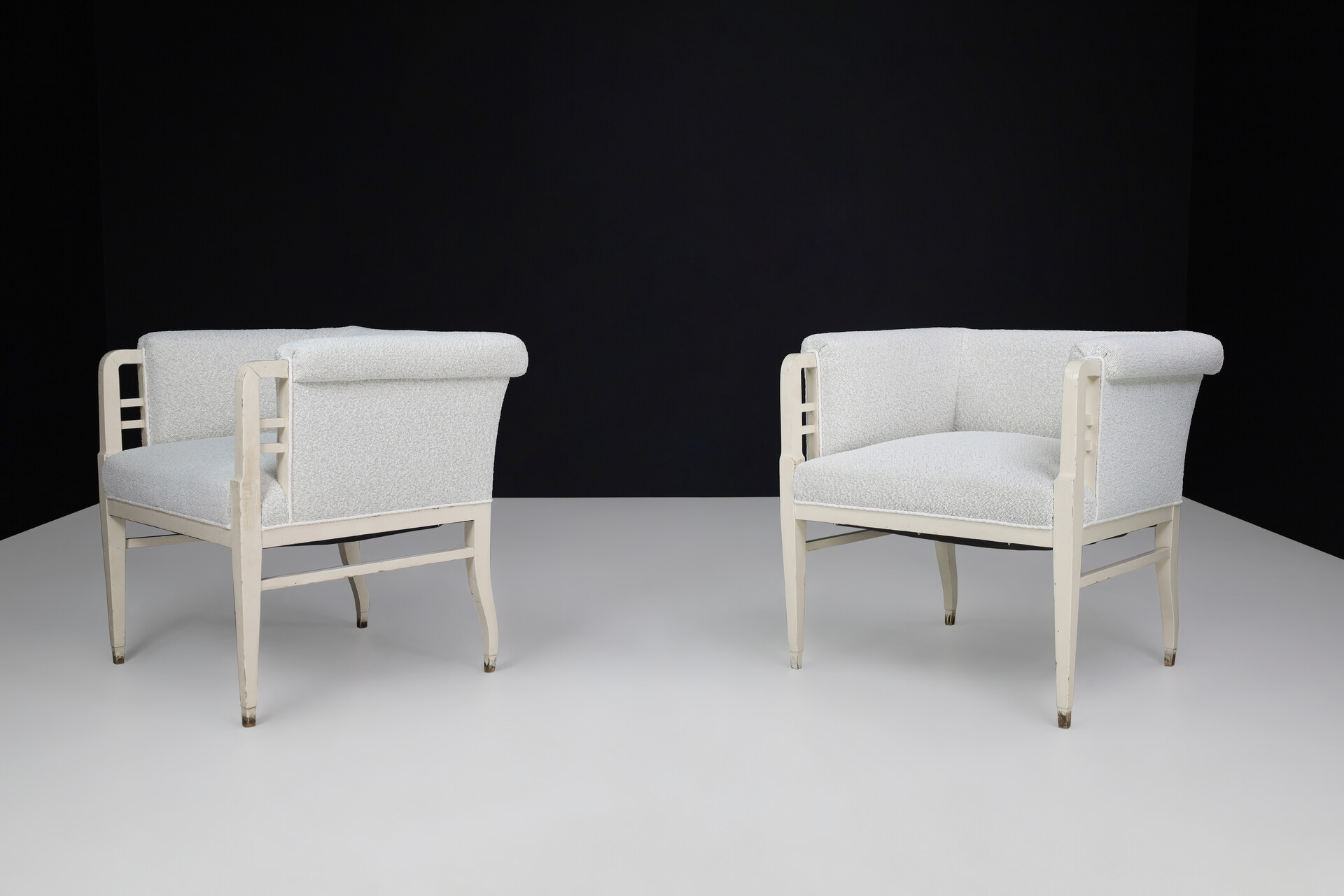 Art-nouveau Lounge chairs in original Painted beechwood and new upholstery bouclé wood fabric, Praque 1910s Early-20th century