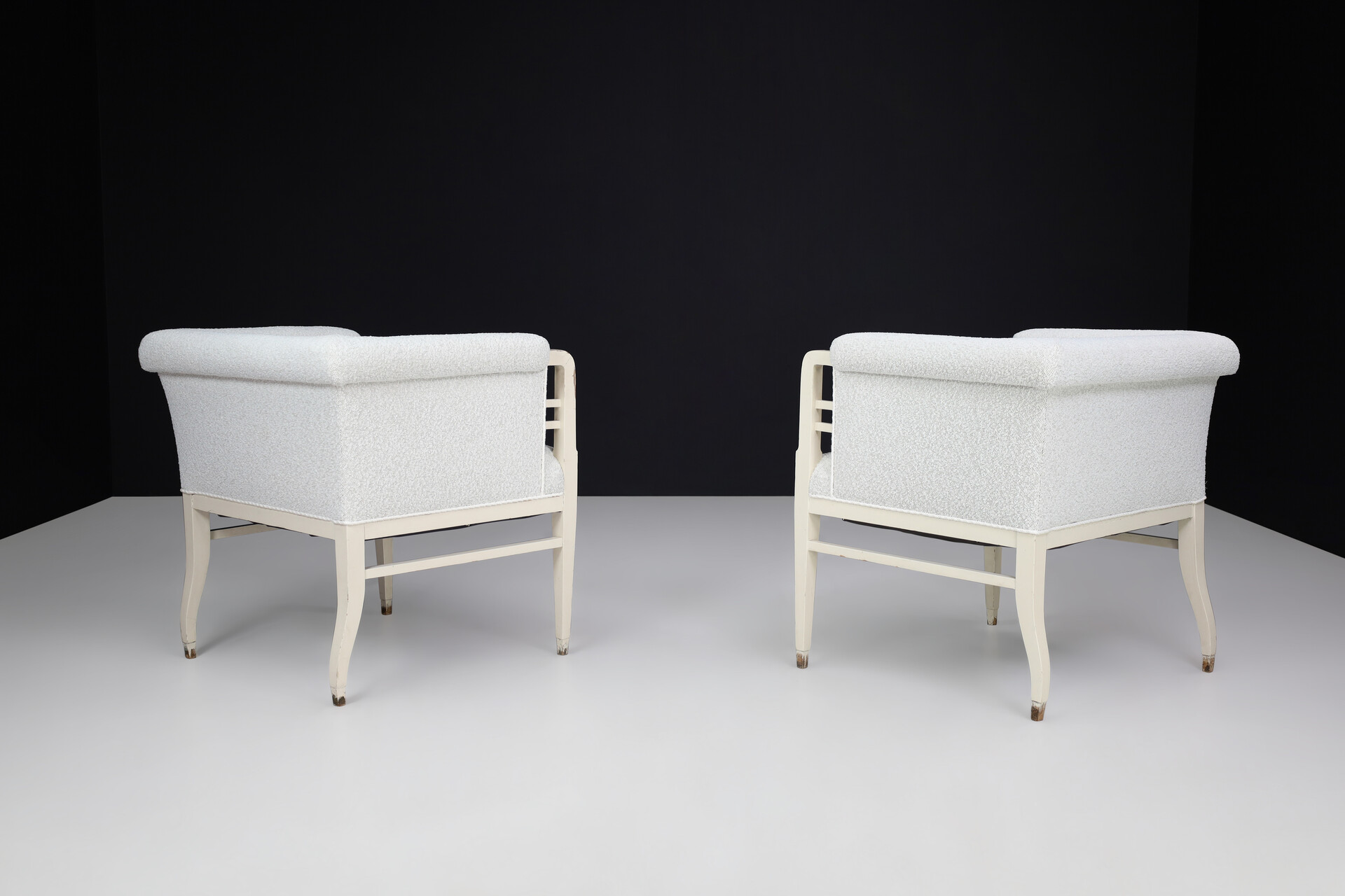 Art-nouveau Lounge chairs in original Painted beechwood and new upholstery bouclé wood fabric, Praque 1910s Early-20th century