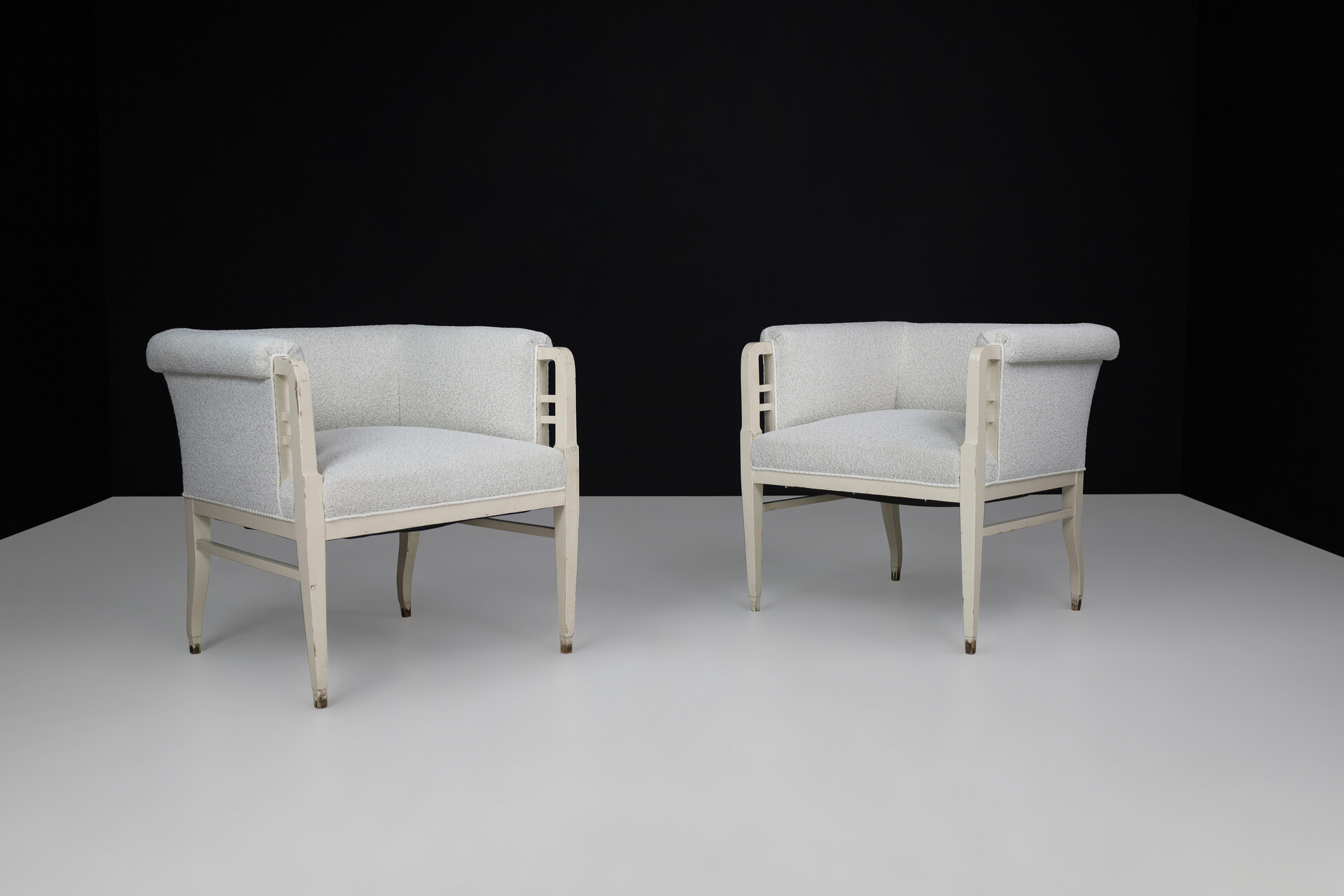 Art-nouveau Lounge chairs in original Painted beechwood and new upholstery bouclé wood fabric, Praque 1910s Early-20th century