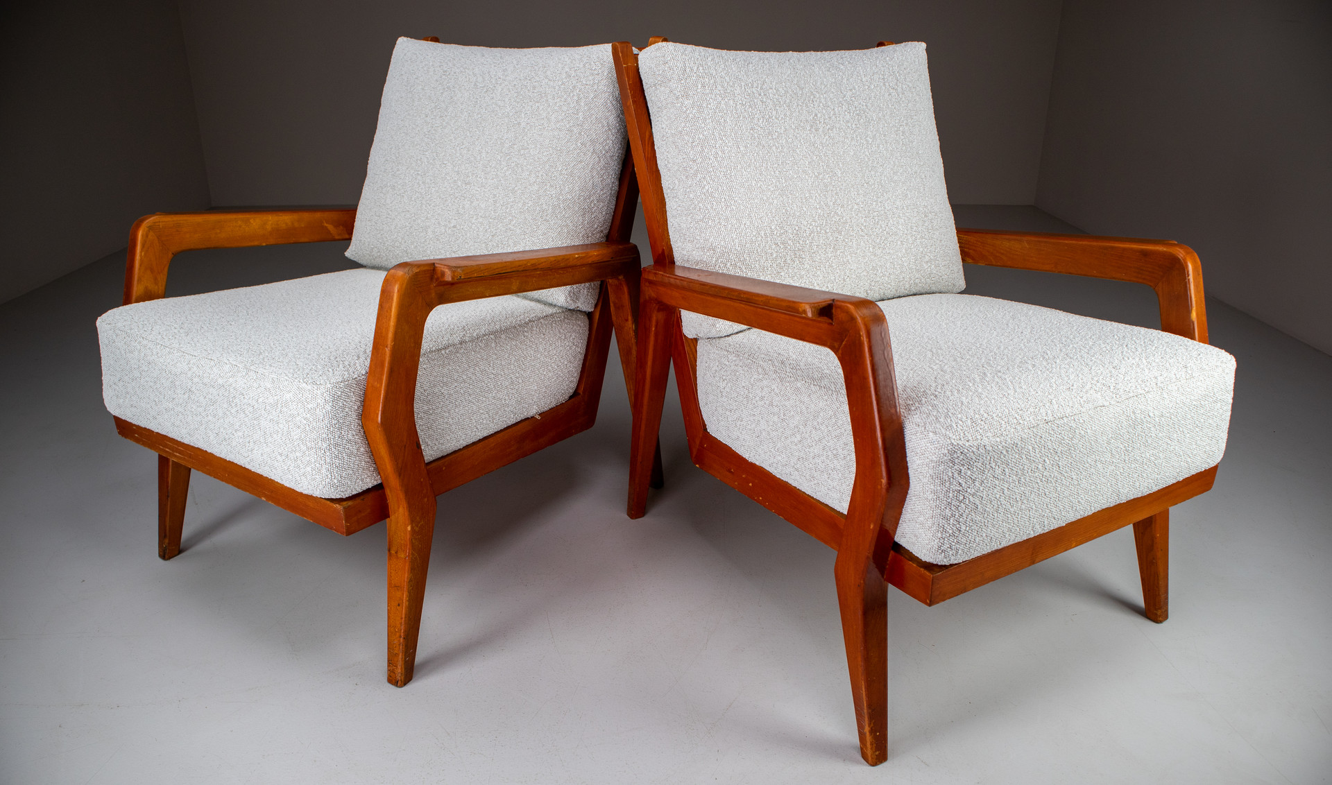 Ash Lounge / Armchairs With Re-Upholsterd Bouclé Fabric France 1950s Mid-20th century