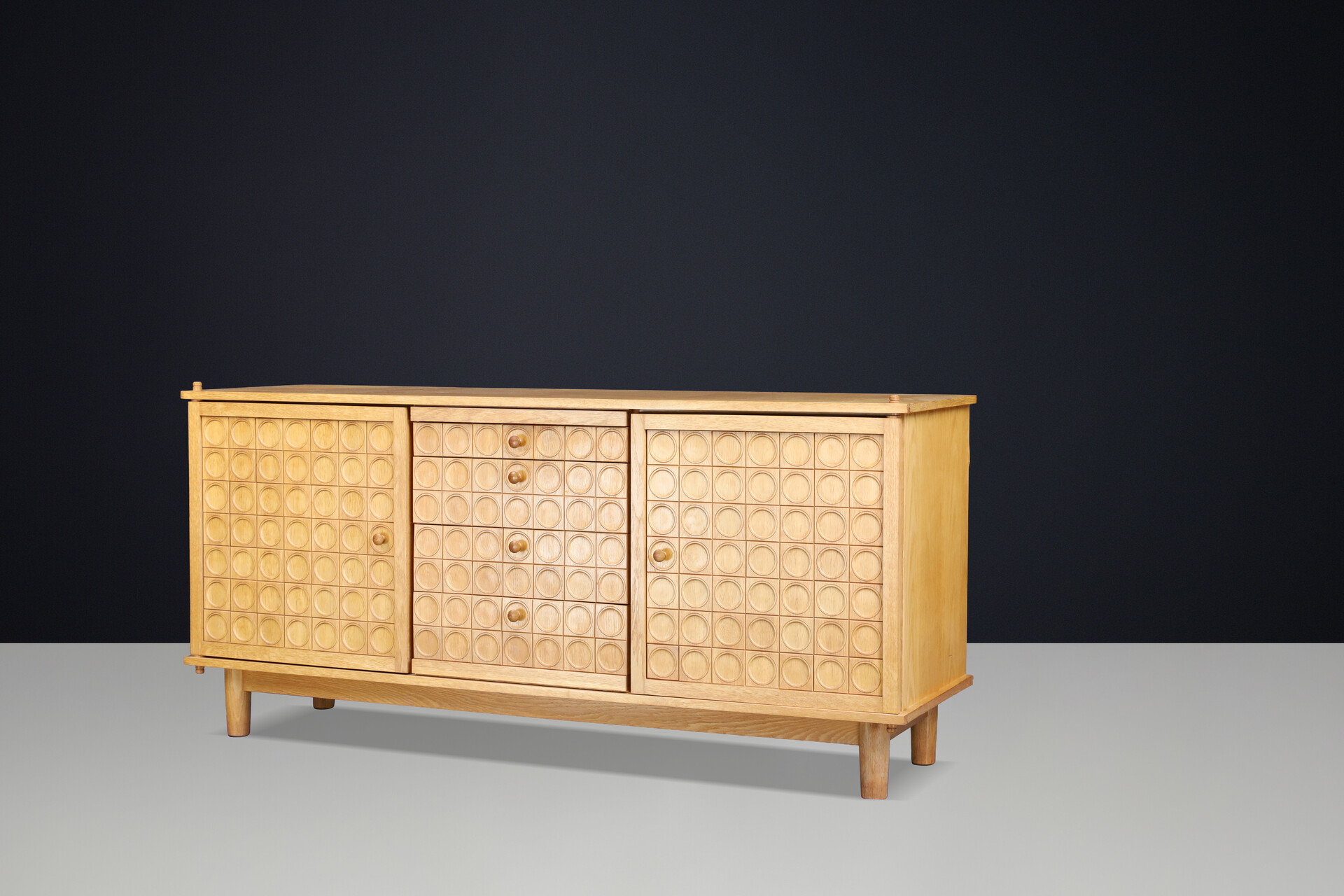 Belgian Brutalist Oak Sideboard with Graphic Circular Relief Doors, 1970s Late-20th century