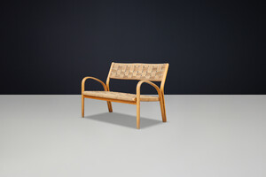 Bench by Augusto Romano, Italy, 1940s.  Bent plywood with braided rope with wonderful patina and curved shape. Mid-20th century