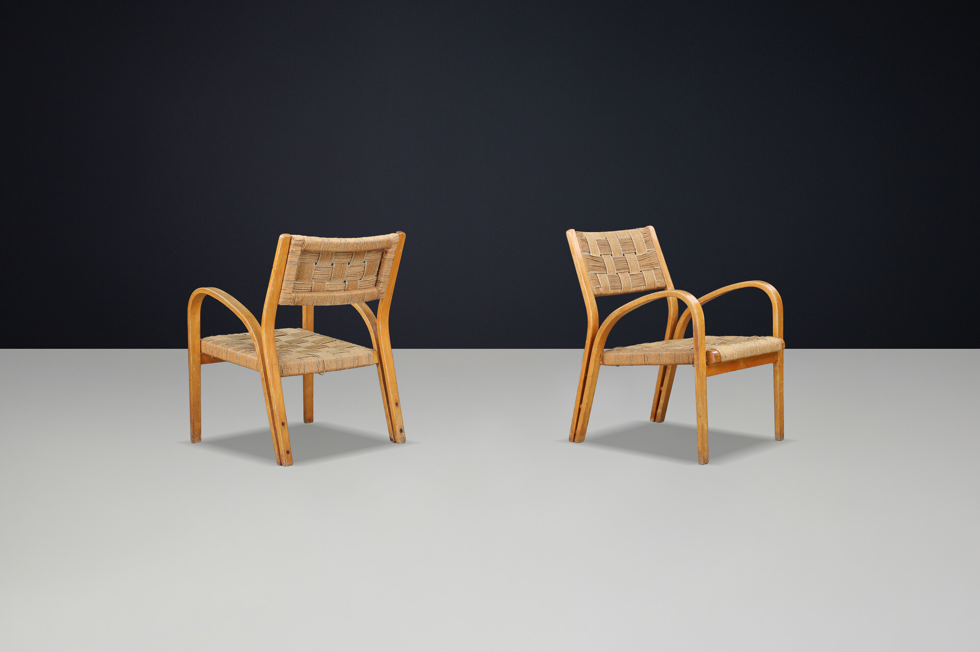 Bent Plywood & Braided Rope Armchairs by Augusto Romano, Italy, 1940s Mid-20th century