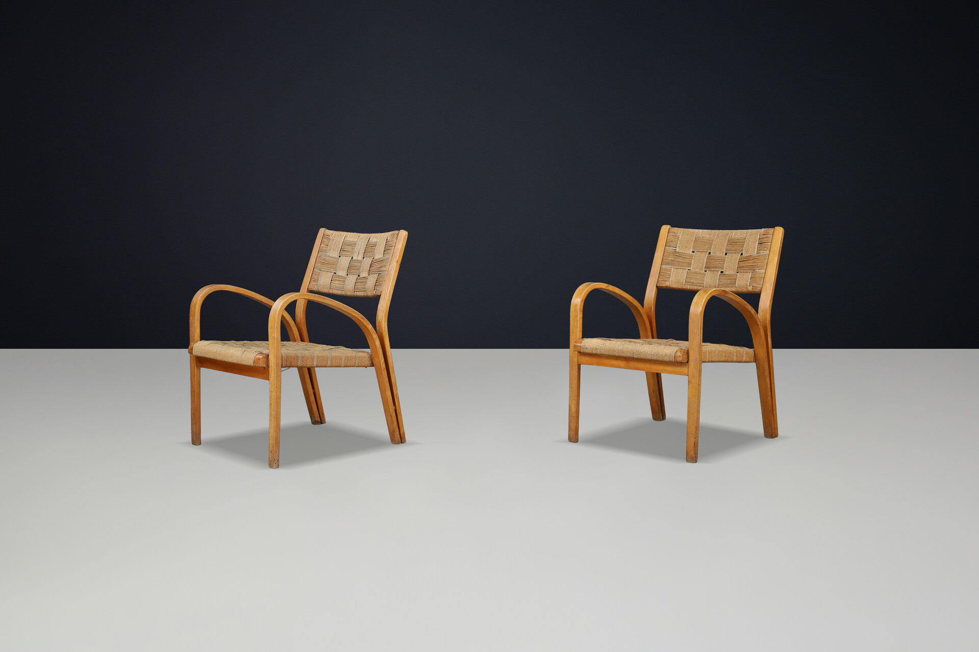 Bent Plywood & Braided Rope Armchairs by Augusto Romano, Italy, 1940s Mid-20th century