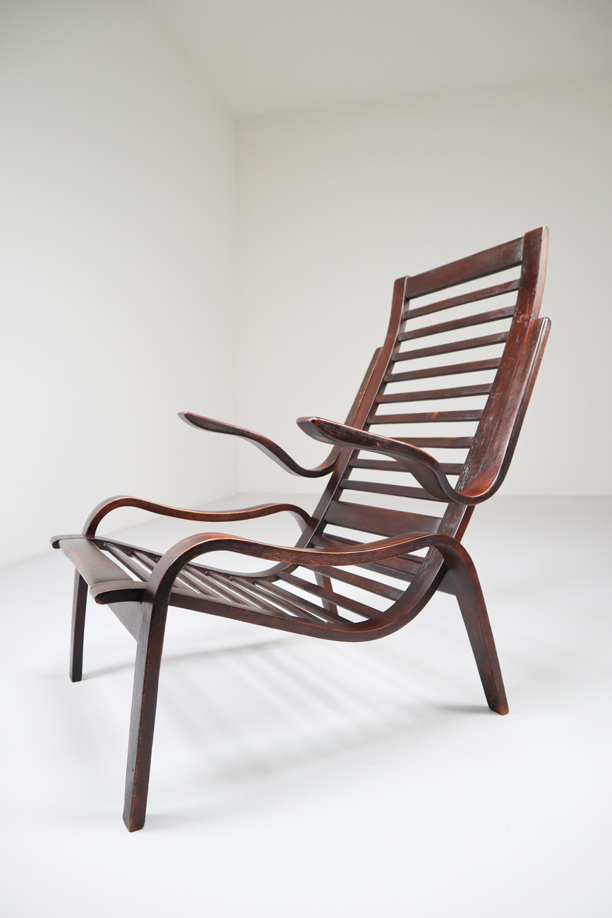 Bentwood Patinated lounge chairs in bentwood  Jan Vanek, Czech Republic, 1950s. Mid-20th century