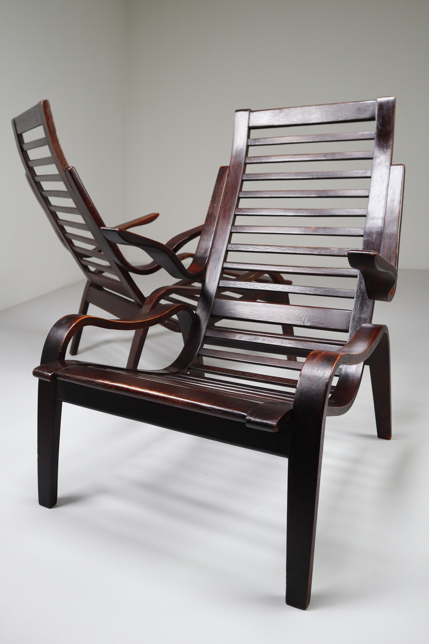 Bentwood Patinated lounge chairs in bentwood  Jan Vanek, Czech Republic, 1950s. Mid-20th century