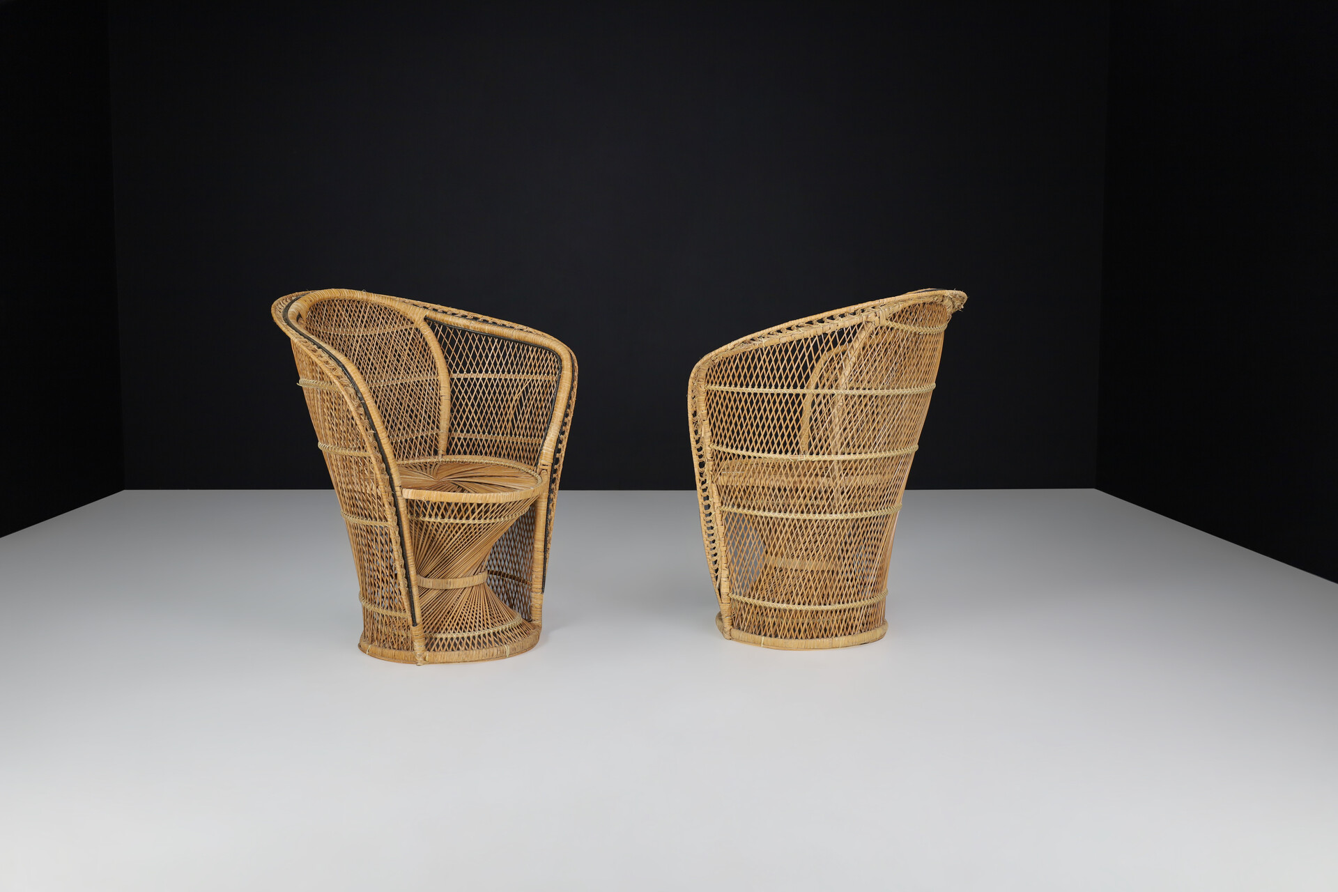 Bohemian Emmanuelle Wicker Peacock Chairs, France 1950s Mid-20th century