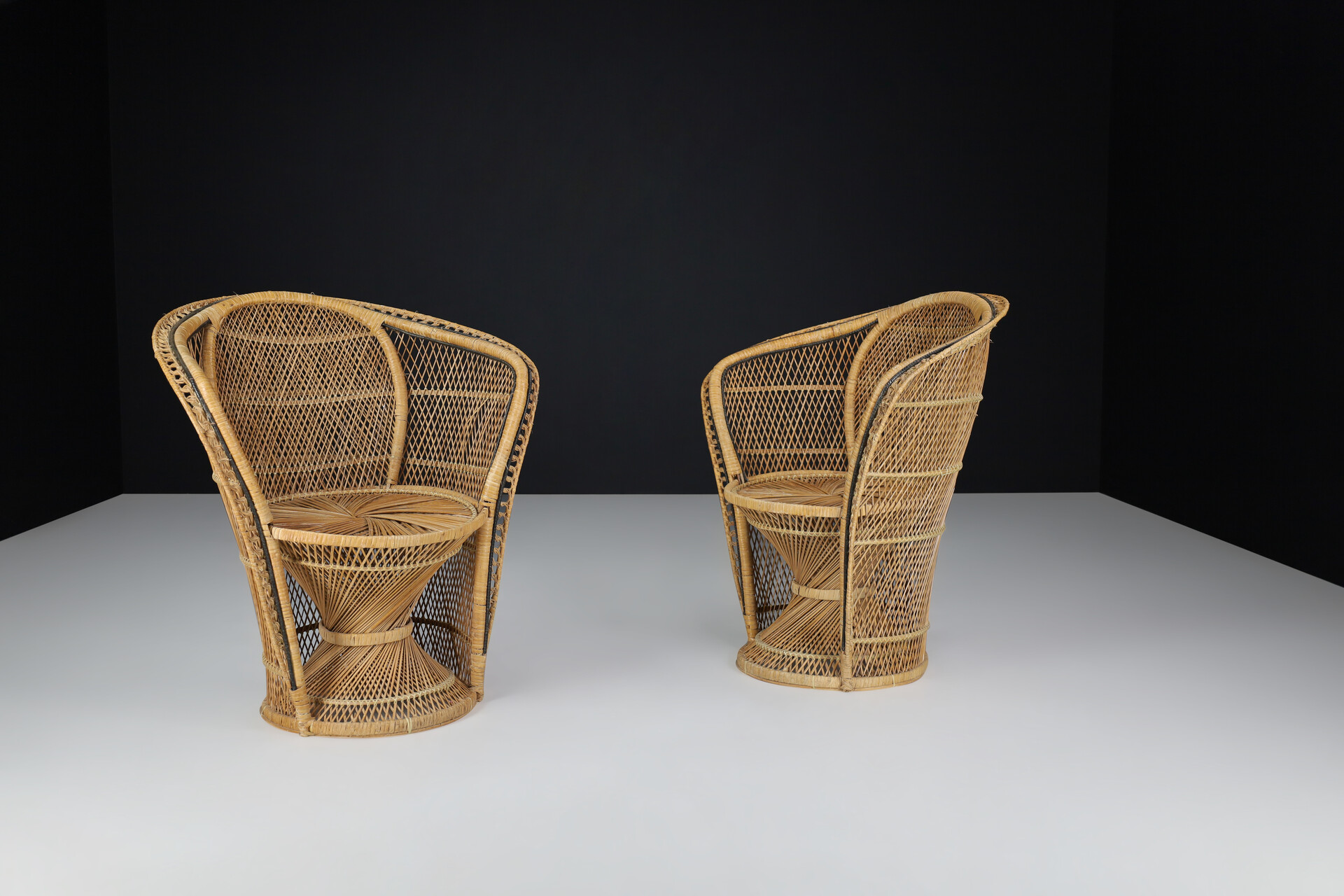 Bohemian Emmanuelle Wicker Peacock Chairs, France 1950s Mid-20th century