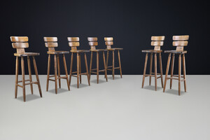 Brutalist Bar Stools in Patinated Beechwood, France, 1960s Mid-20th century