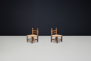 Brutalist Charles Dudouyt fireplace chairs made from beech wood and Rush seats France 1940 Mid-20th century