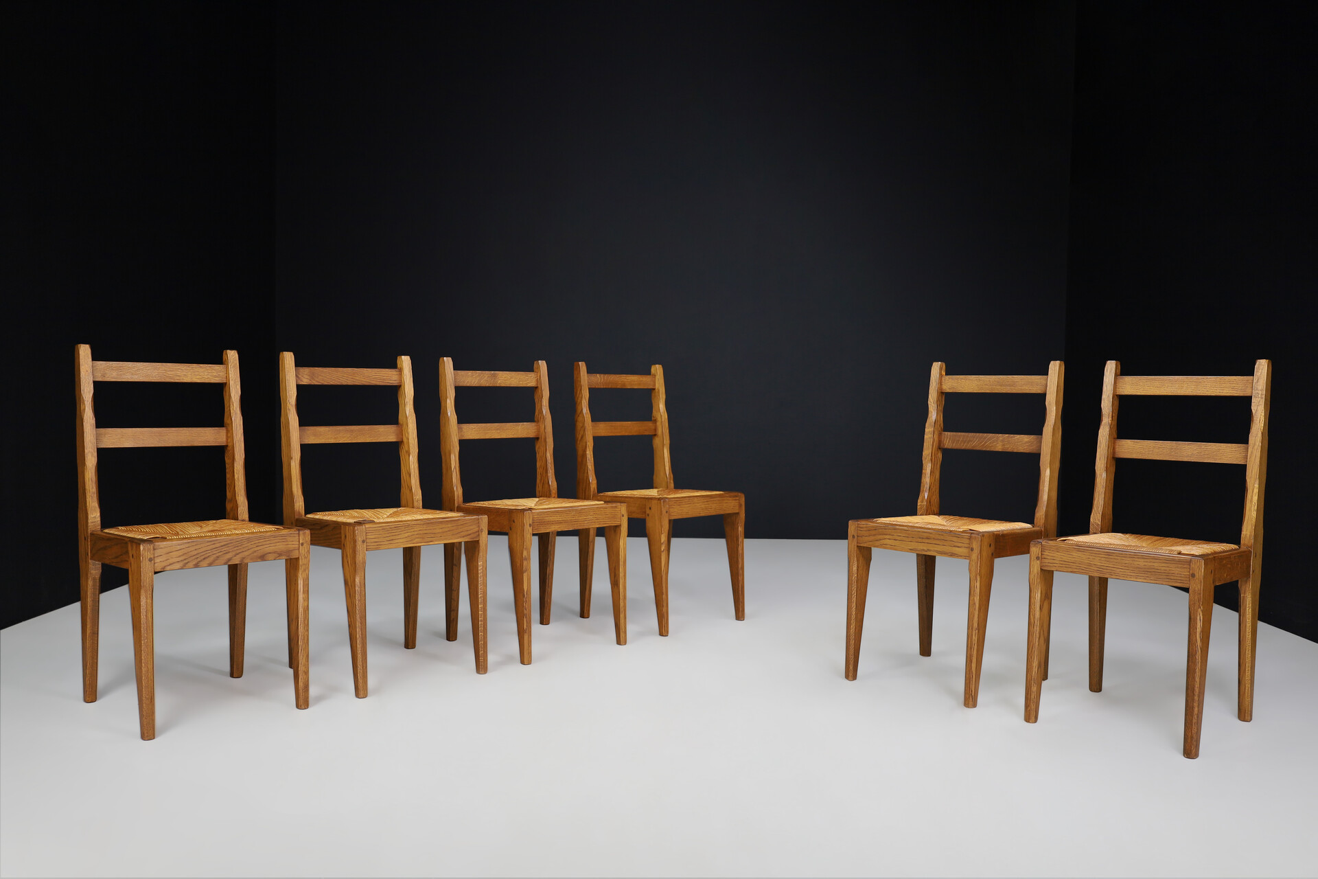 Brutalist Dining Chairs in Oak and Rush, France 1960s Mid-20th century