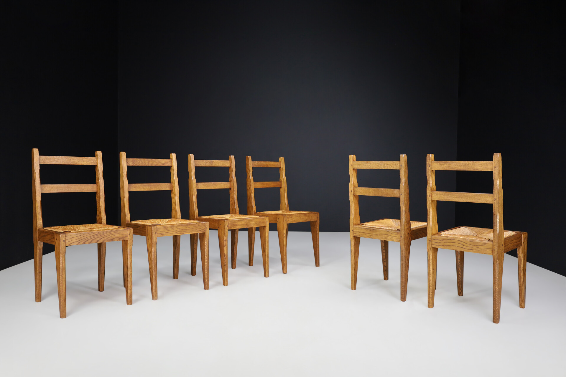 Brutalist Dining Chairs in Oak and Rush, France 1960s Mid-20th century