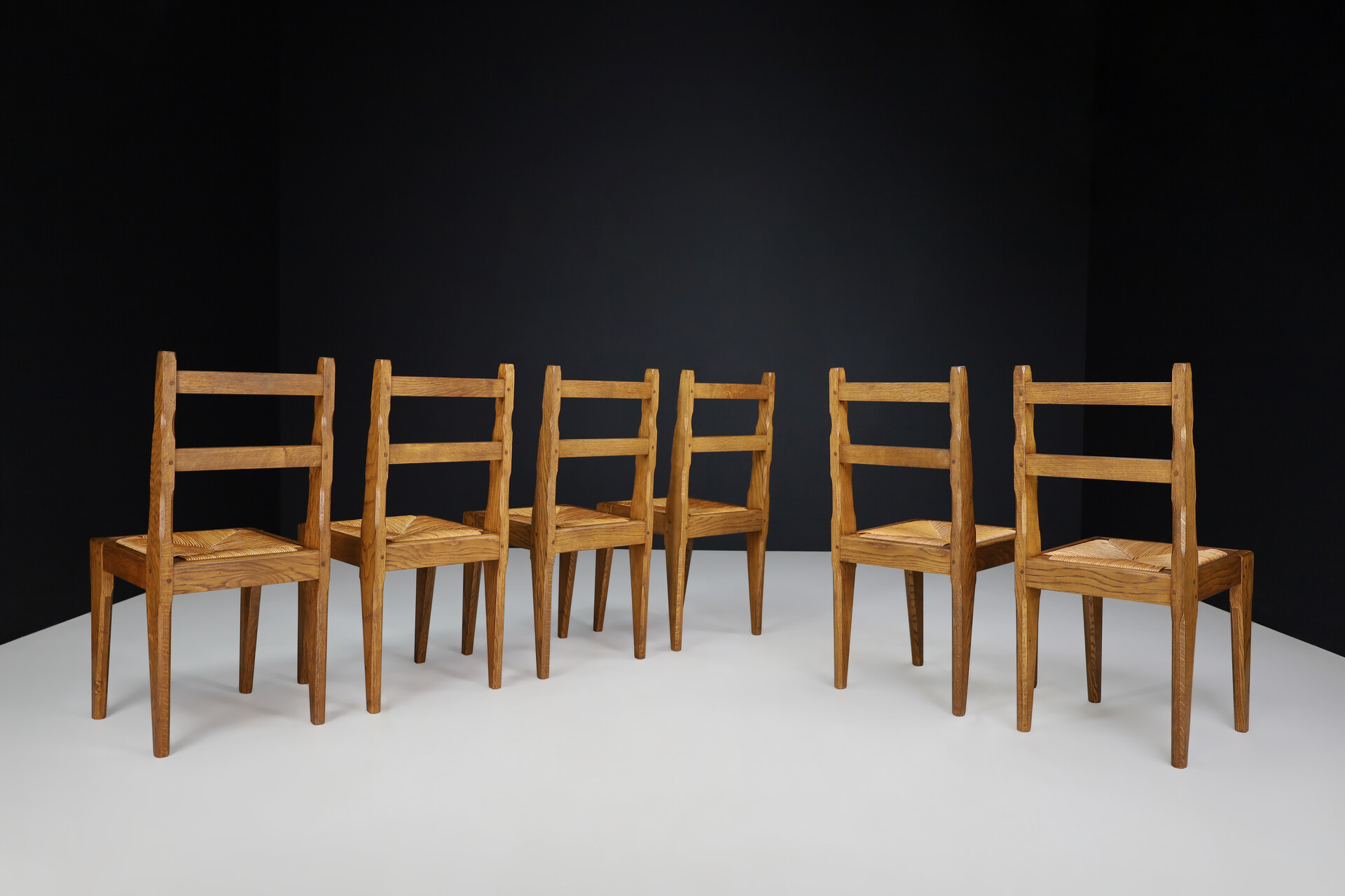 Brutalist Dining Chairs in Oak and Rush, France 1960s Mid-20th century