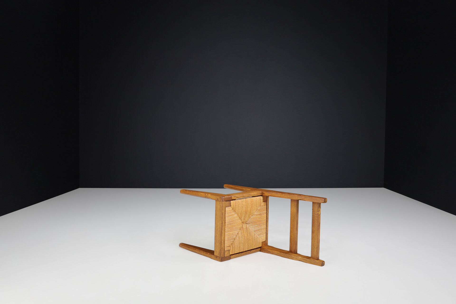 Brutalist Dining Chairs in Oak and Rush, France 1960s Mid-20th century