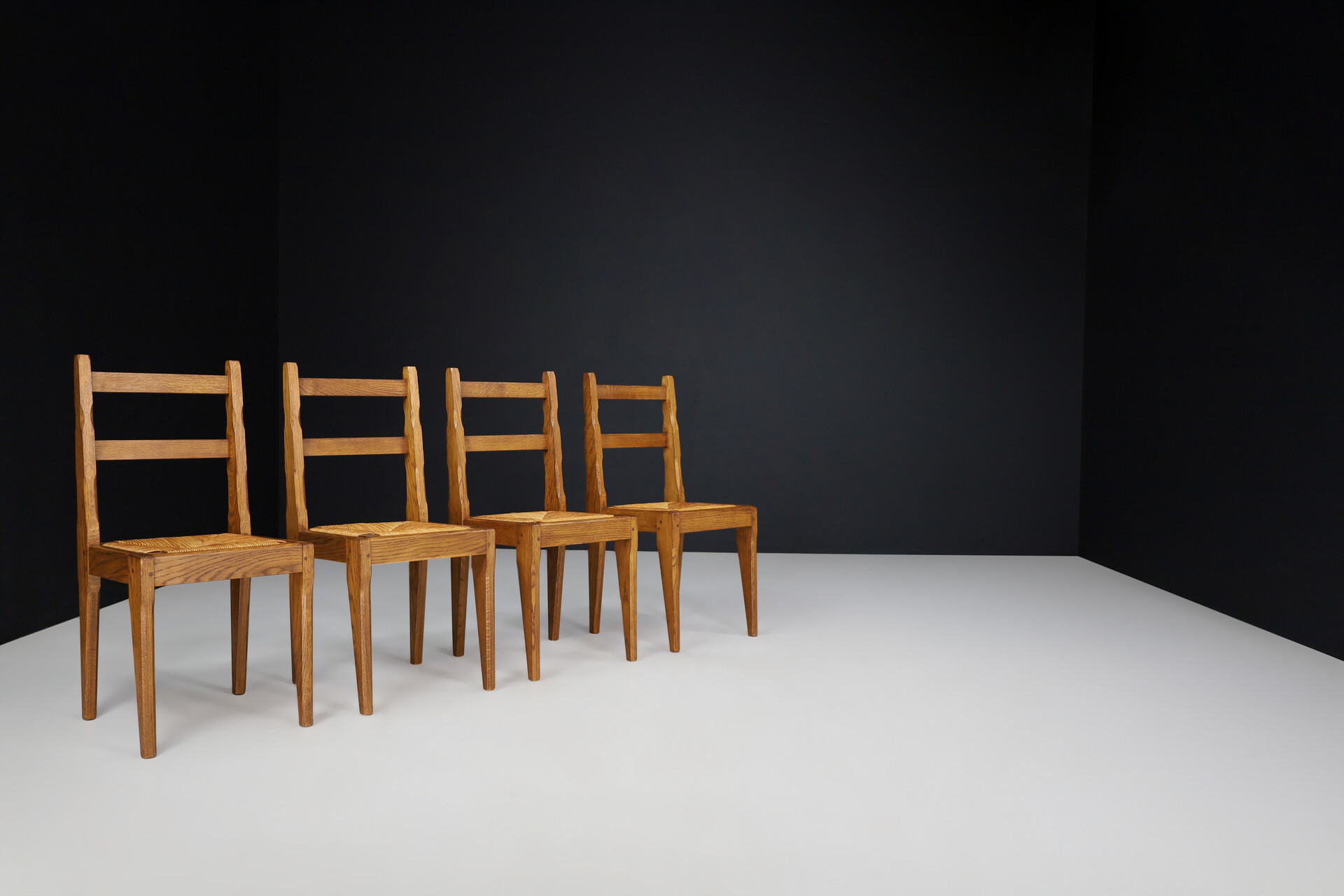 Brutalist Dining Chairs in Oak and Rush, France 1960s Mid-20th century
