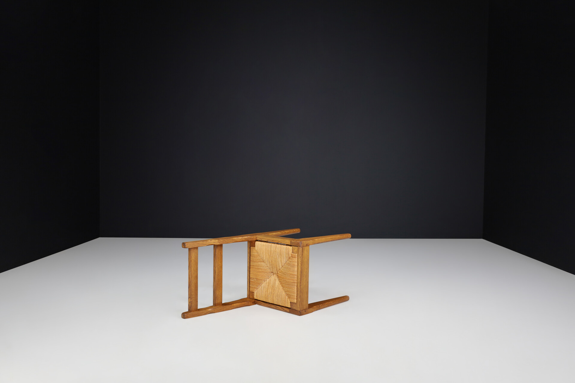 Brutalist Dining Chairs in Oak and Rush, France 1960s Mid-20th century