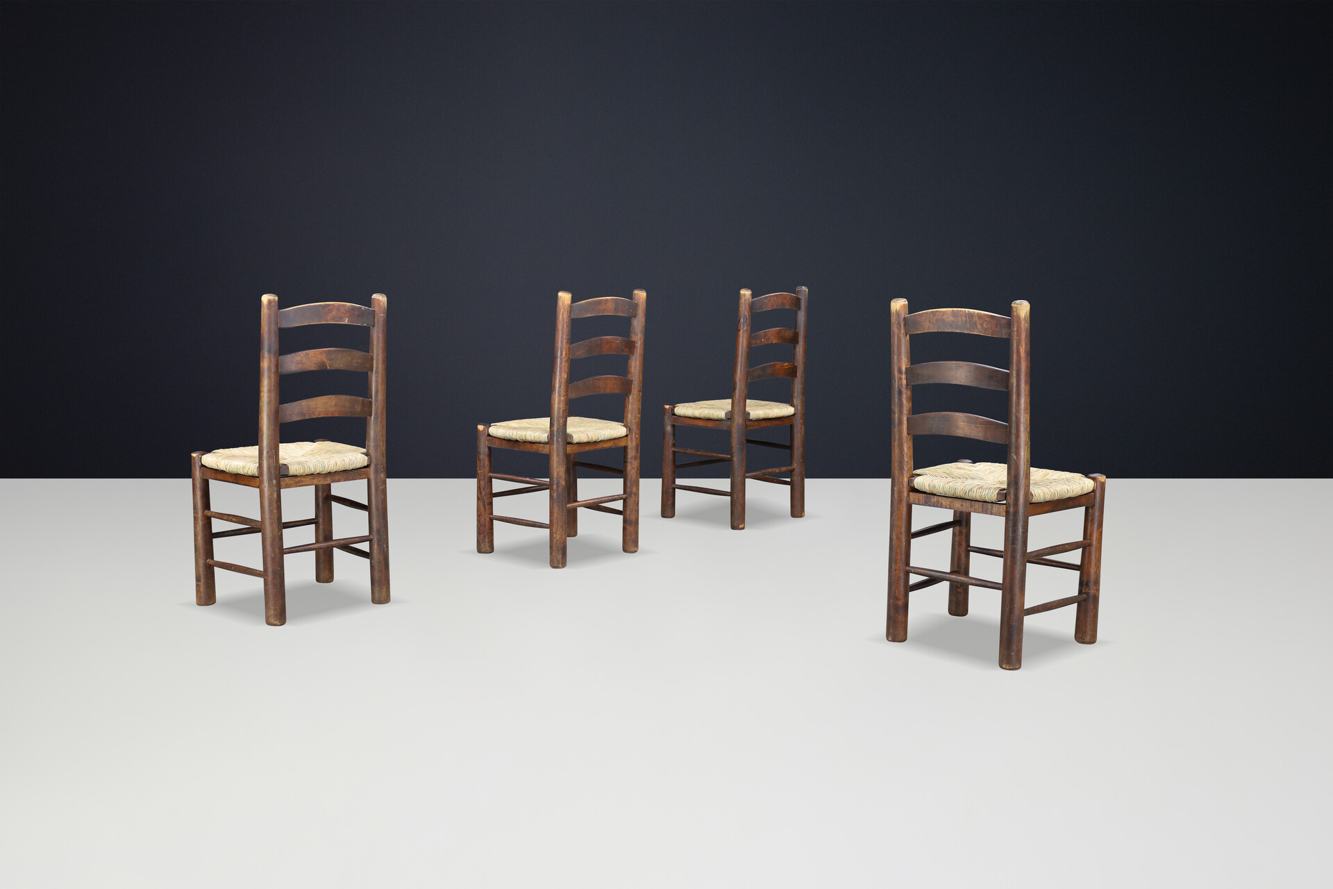 Brutalist Georges Robert Chalet Chairs in Oak and Rush, France, 1950 Mid-20th century