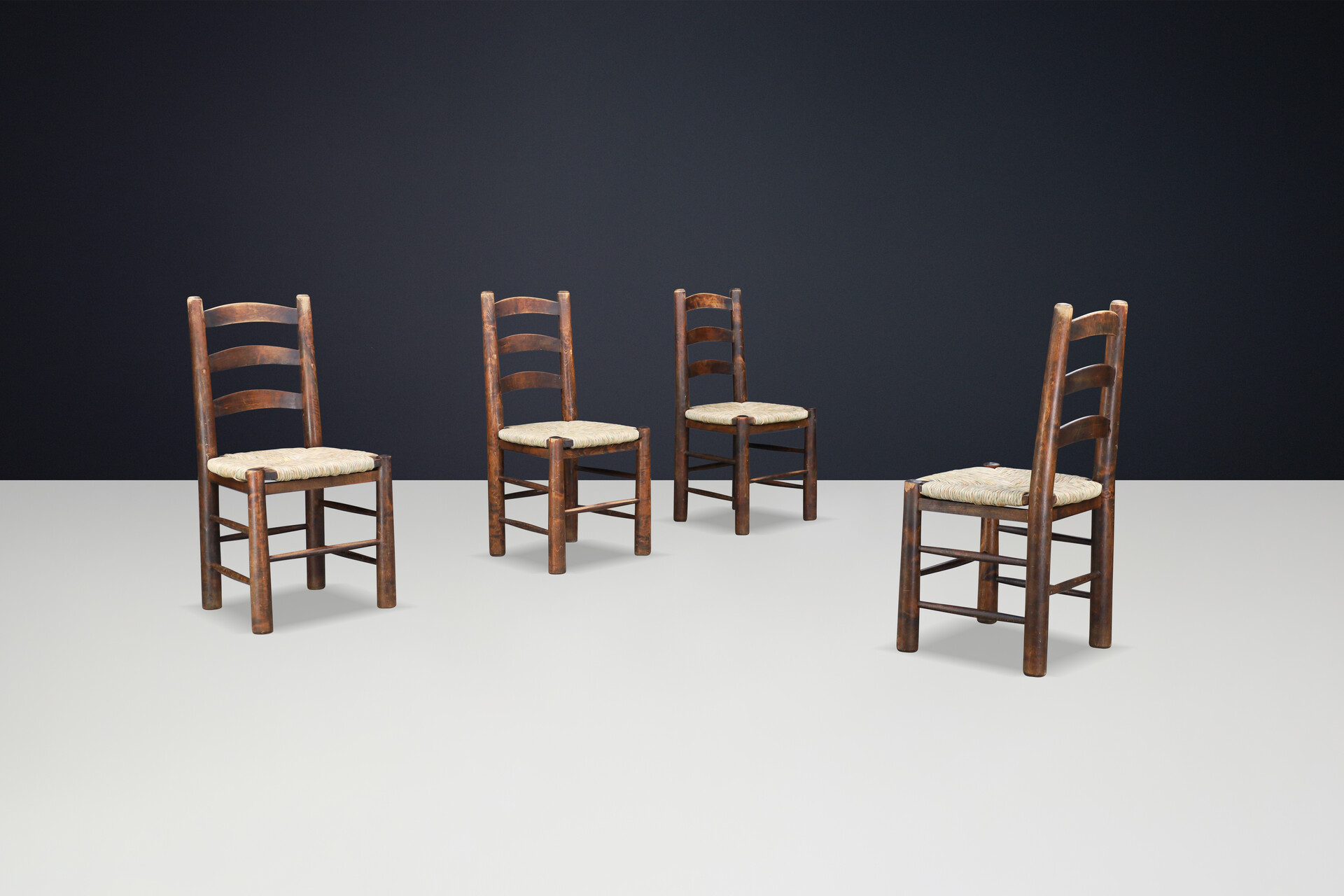 Brutalist Georges Robert Chalet Chairs in Oak and Rush, France, 1950 Mid-20th century
