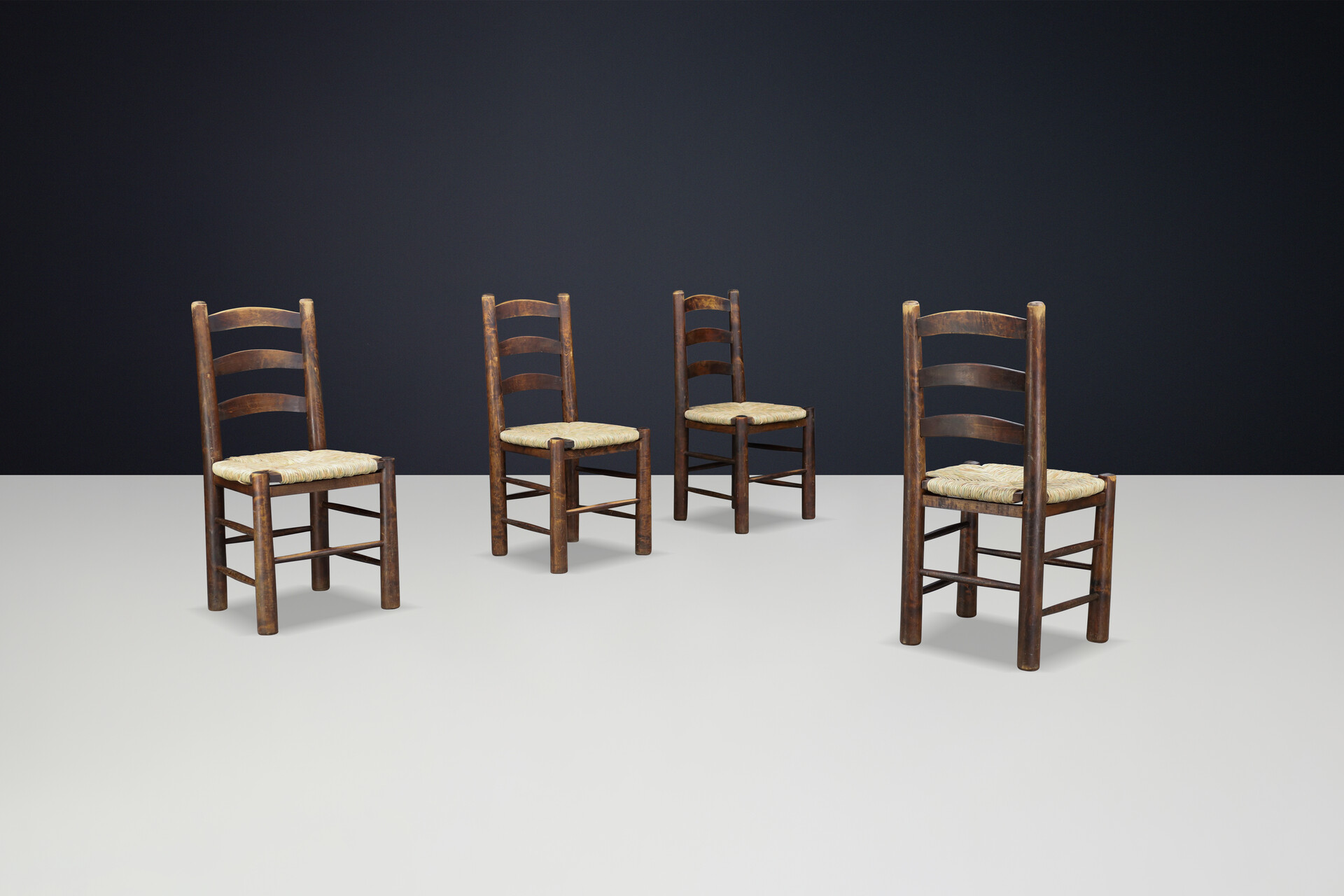 Brutalist Georges Robert Chalet Chairs in Oak and Rush, France, 1950 Mid-20th century