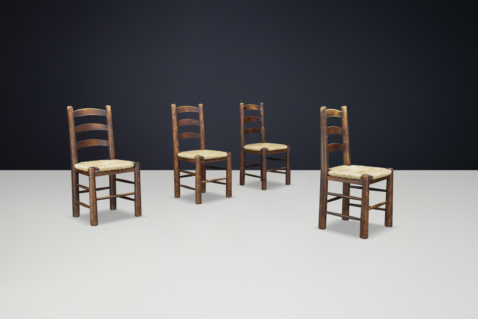 Brutalist Georges Robert Chalet Chairs in Oak and Rush, France, 1950 Mid-20th century