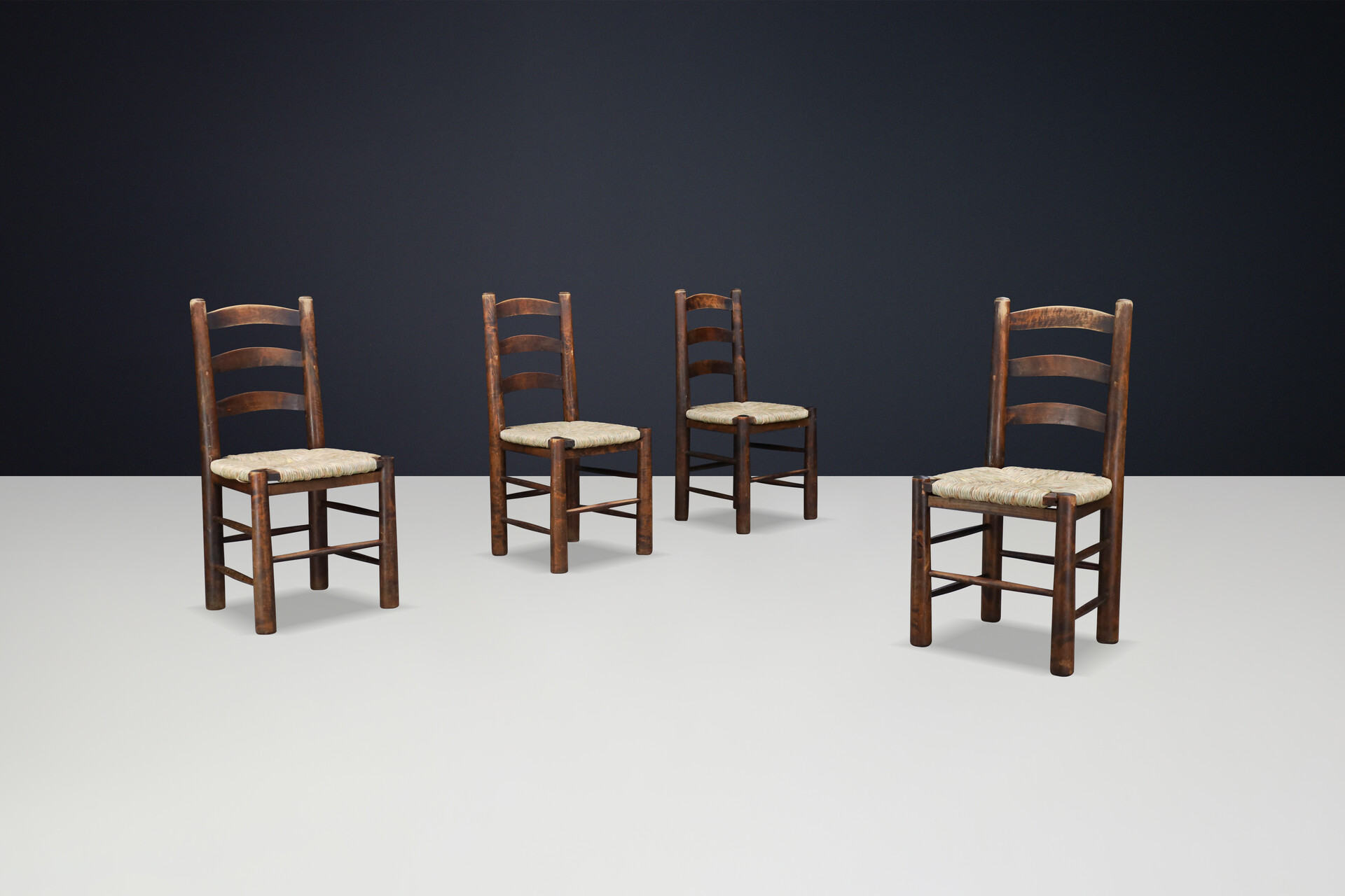 Brutalist Georges Robert Chalet Chairs in Oak and Rush, France, 1950 Mid-20th century