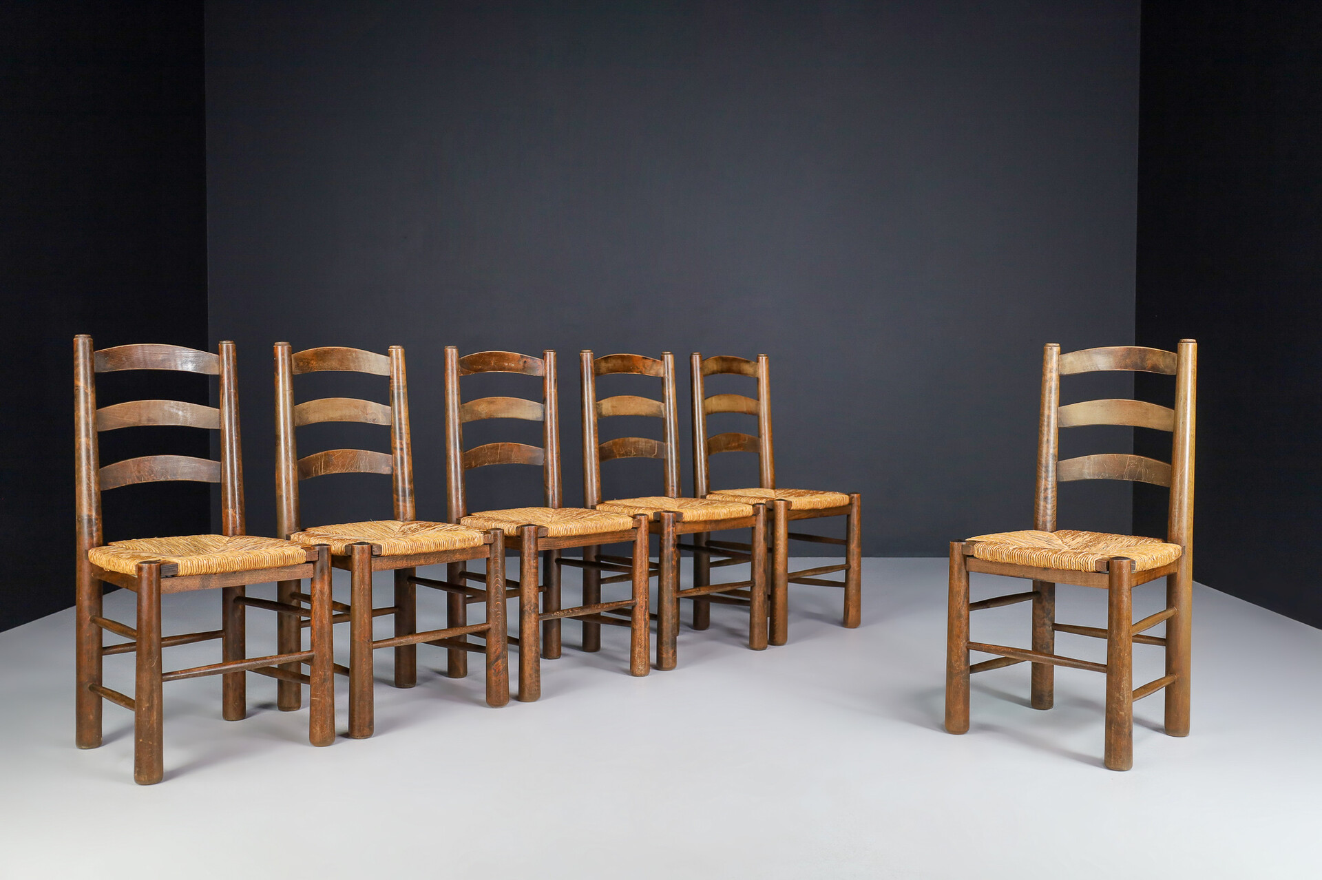 Brutalist Georges Robert Chalet Chairs in Oak and Rush, France, 1950s Mid-20th century
