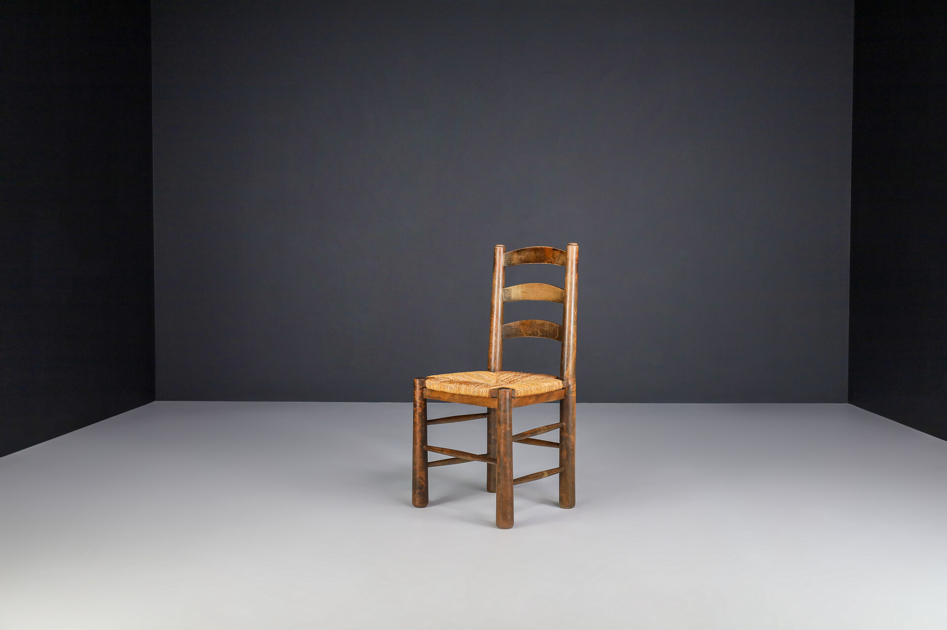 Brutalist Georges Robert Chalet Chairs in Oak and Rush, France, 1950s Mid-20th century