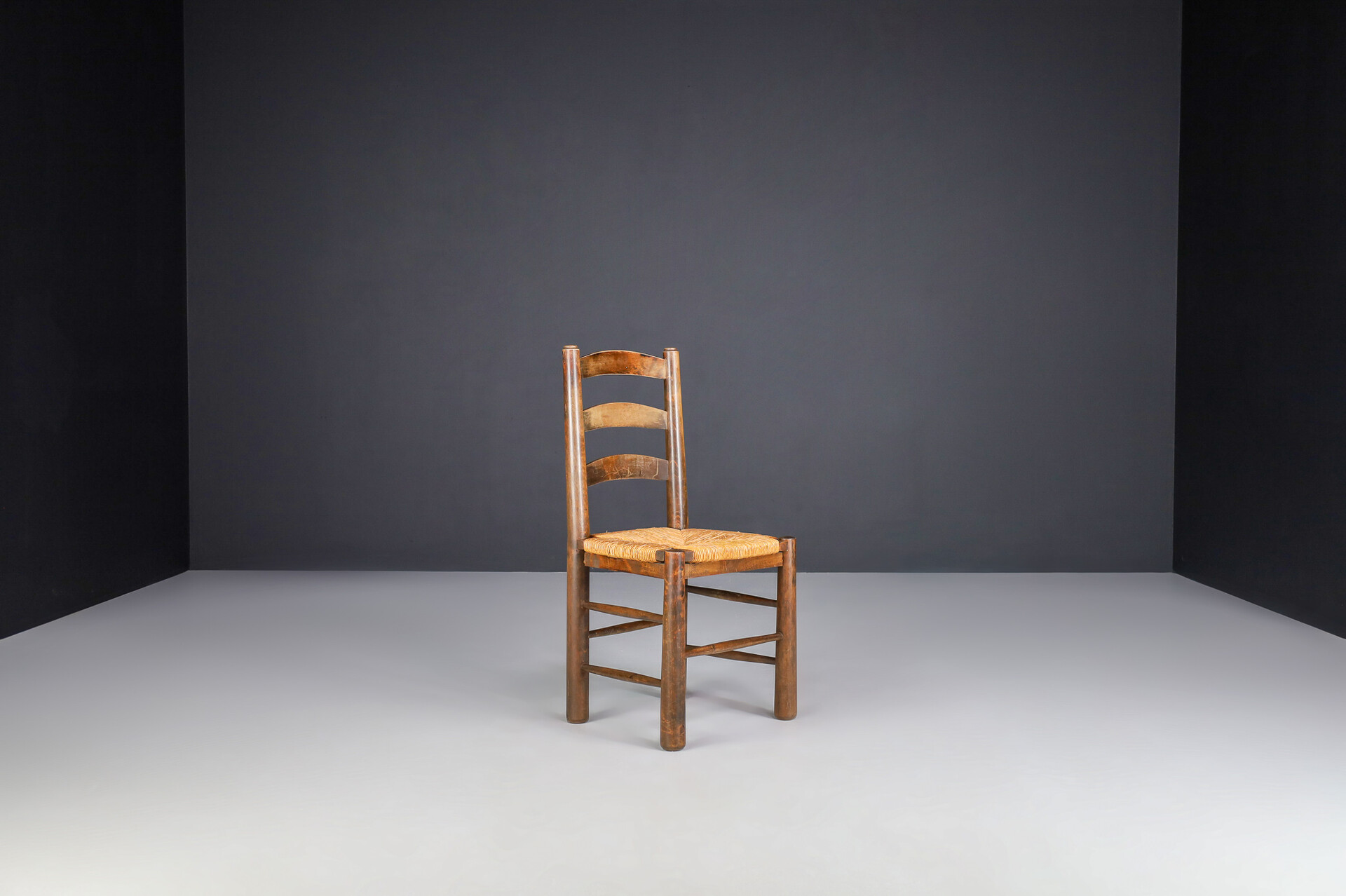 Brutalist Georges Robert Chalet Chairs in Oak and Rush, France, 1950s Mid-20th century