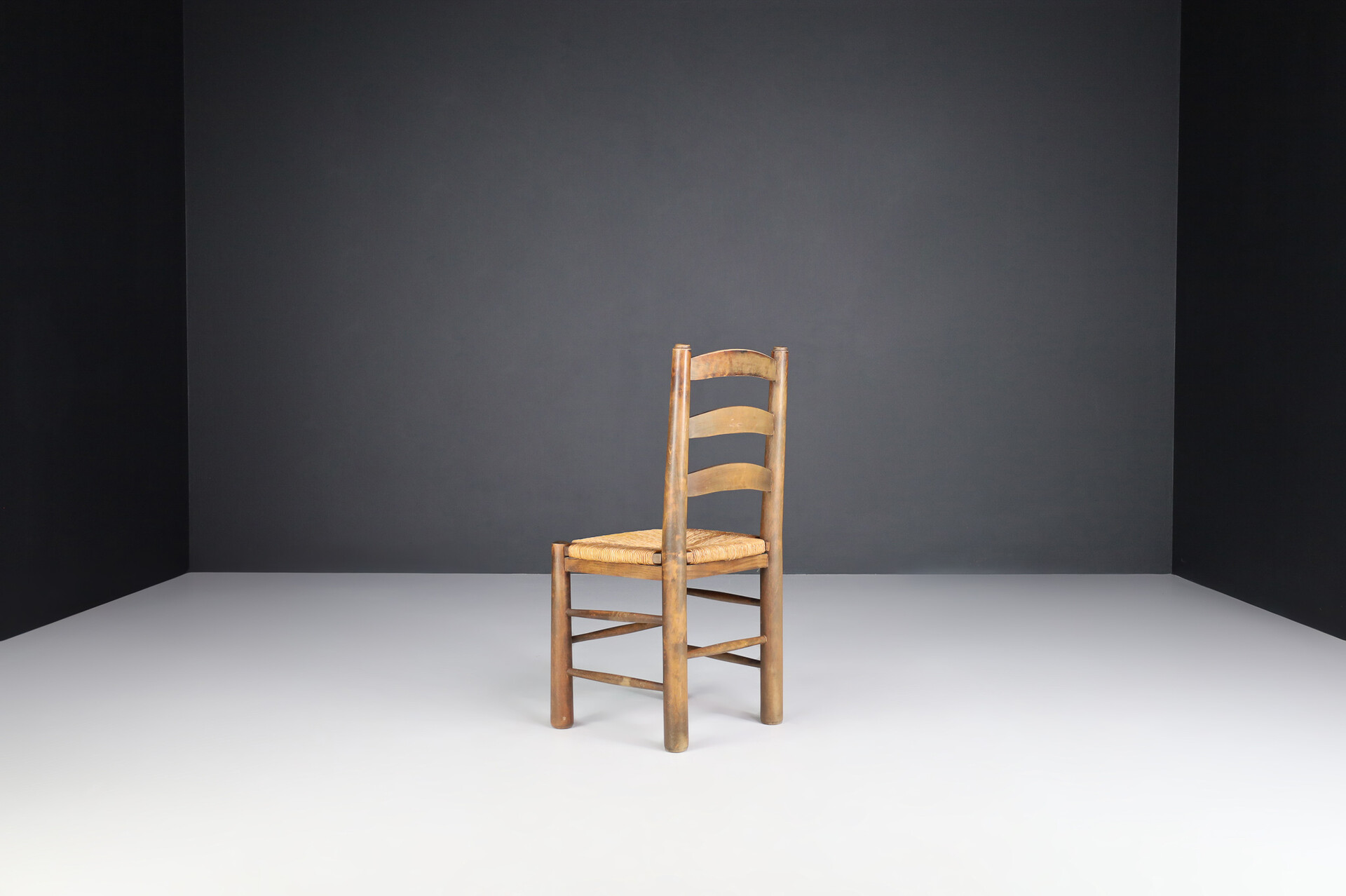Brutalist Georges Robert Chalet Chairs in Oak and Rush, France, 1950s Mid-20th century